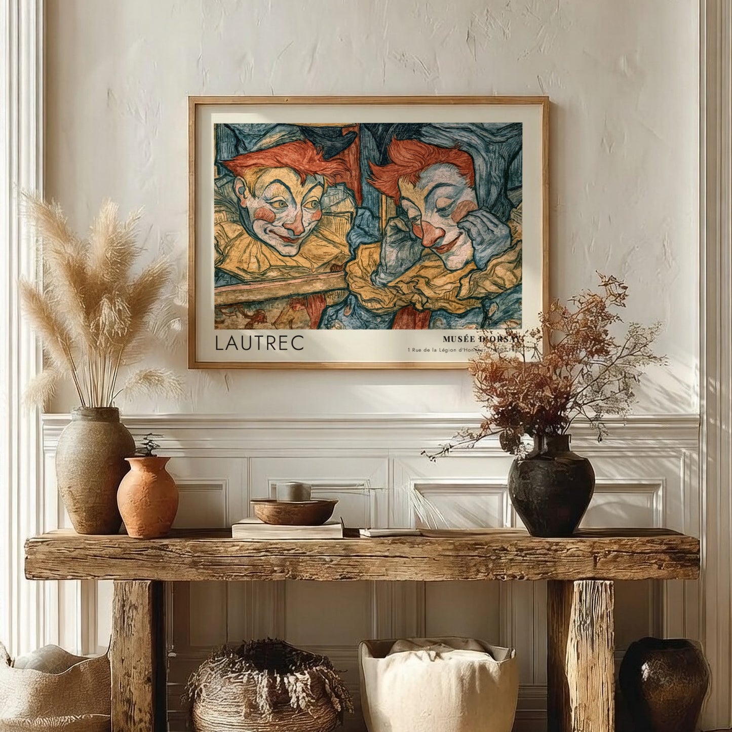 Wall art poster featuring Lautrec Portraits de la Bohème with clown and mirror reflection.