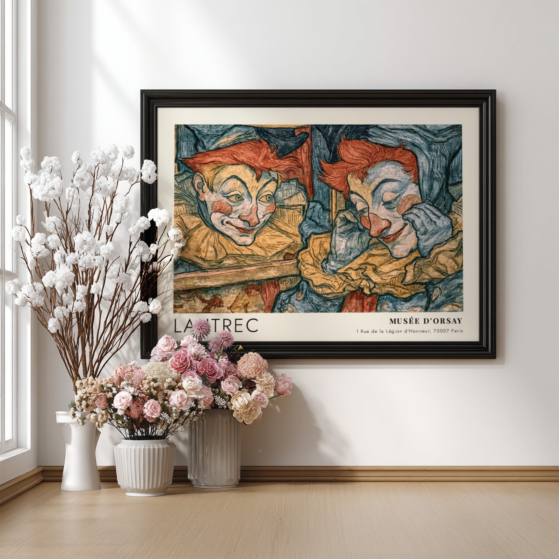 Wall art poster featuring Lautrec Portraits de la Bohème with clown and mirror reflection.