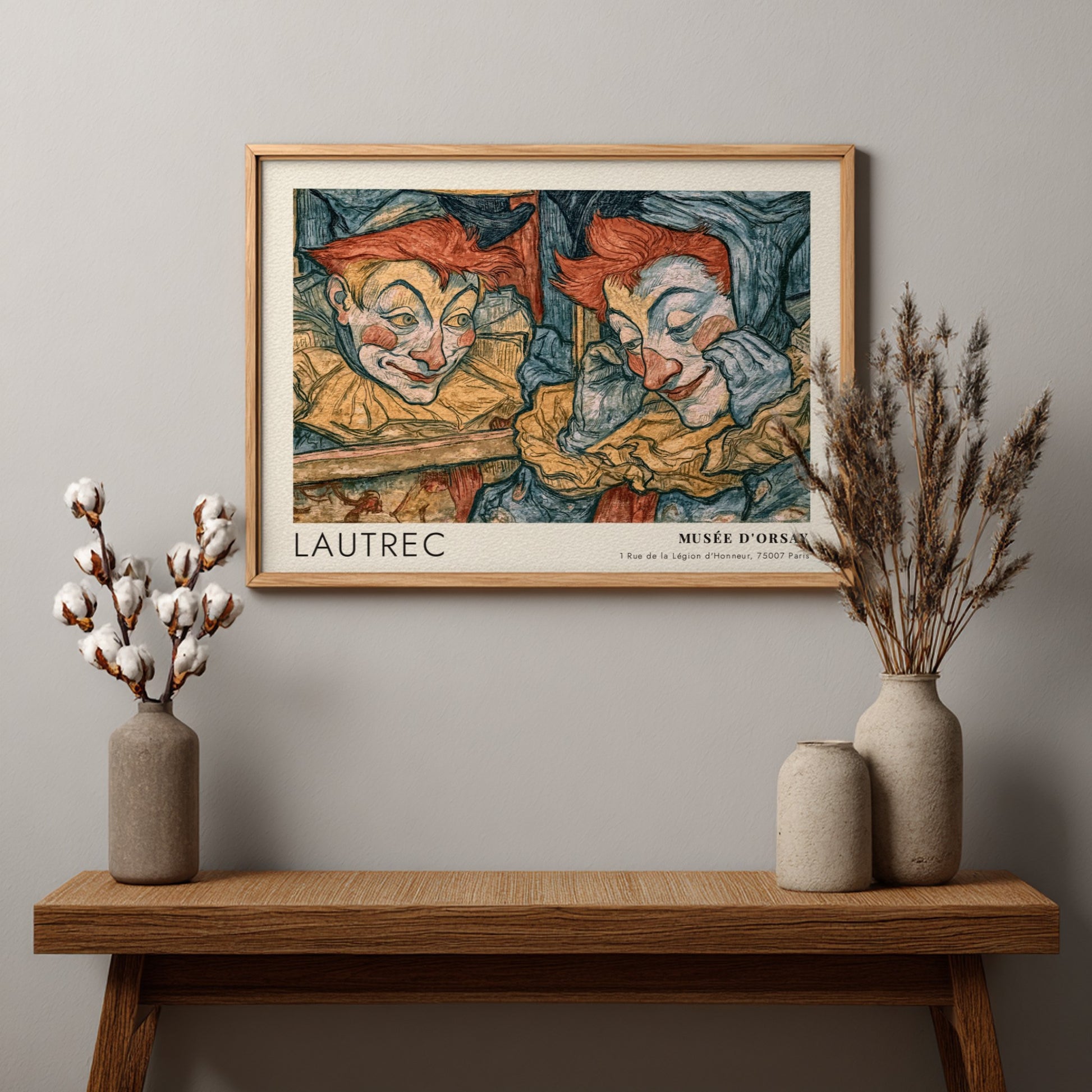 Wall art poster featuring Lautrec Portraits de la Bohème with clown and mirror reflection.
