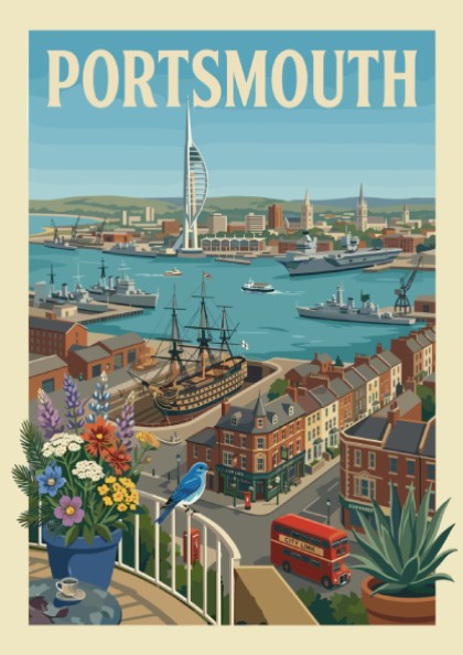 Portsmouth Harbour art print with Spinnaker Tower, ships, and coastal buildings in a vintage travel poster