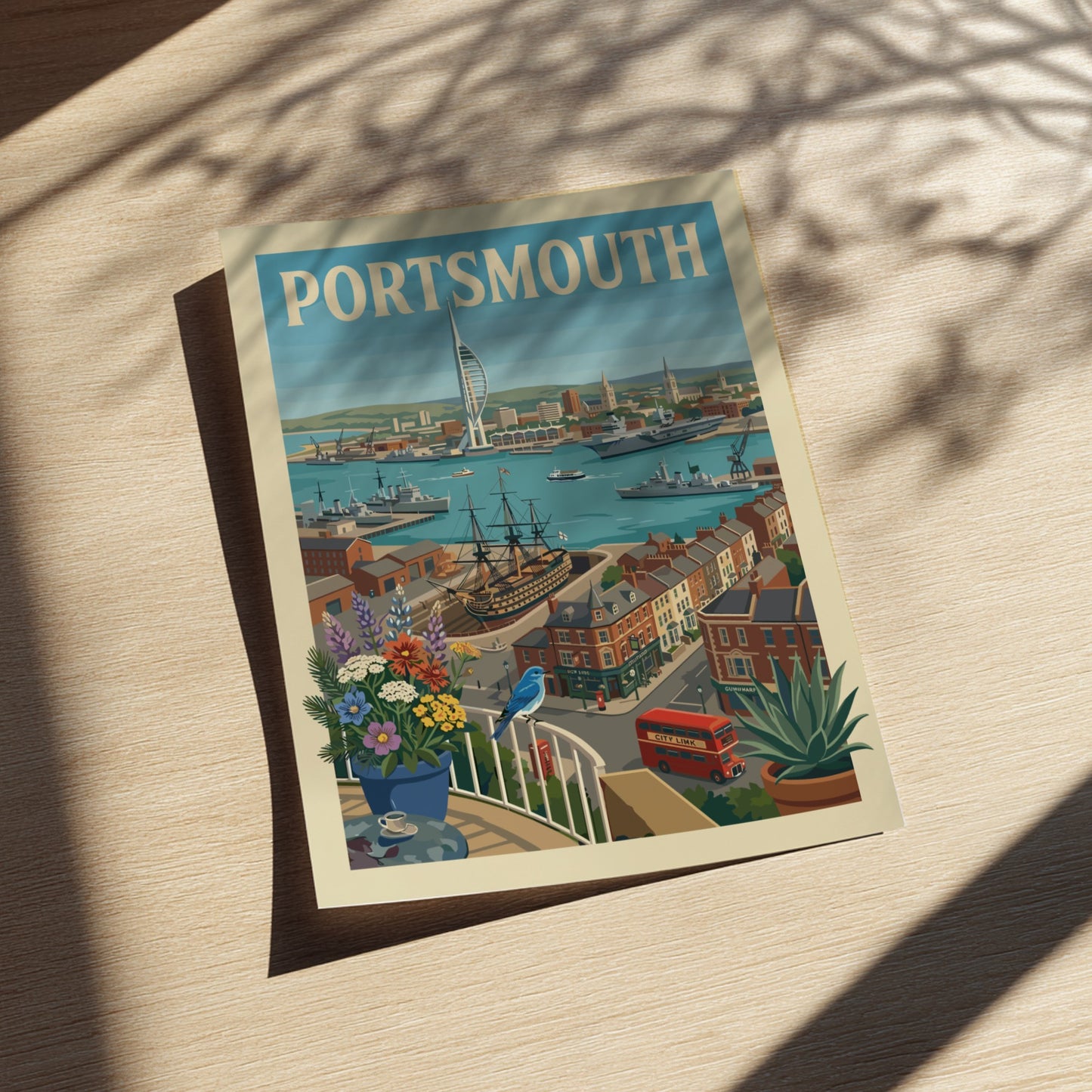 Portsmouth Harbour art print with Spinnaker Tower, ships, and coastal buildings in a vintage travel poster