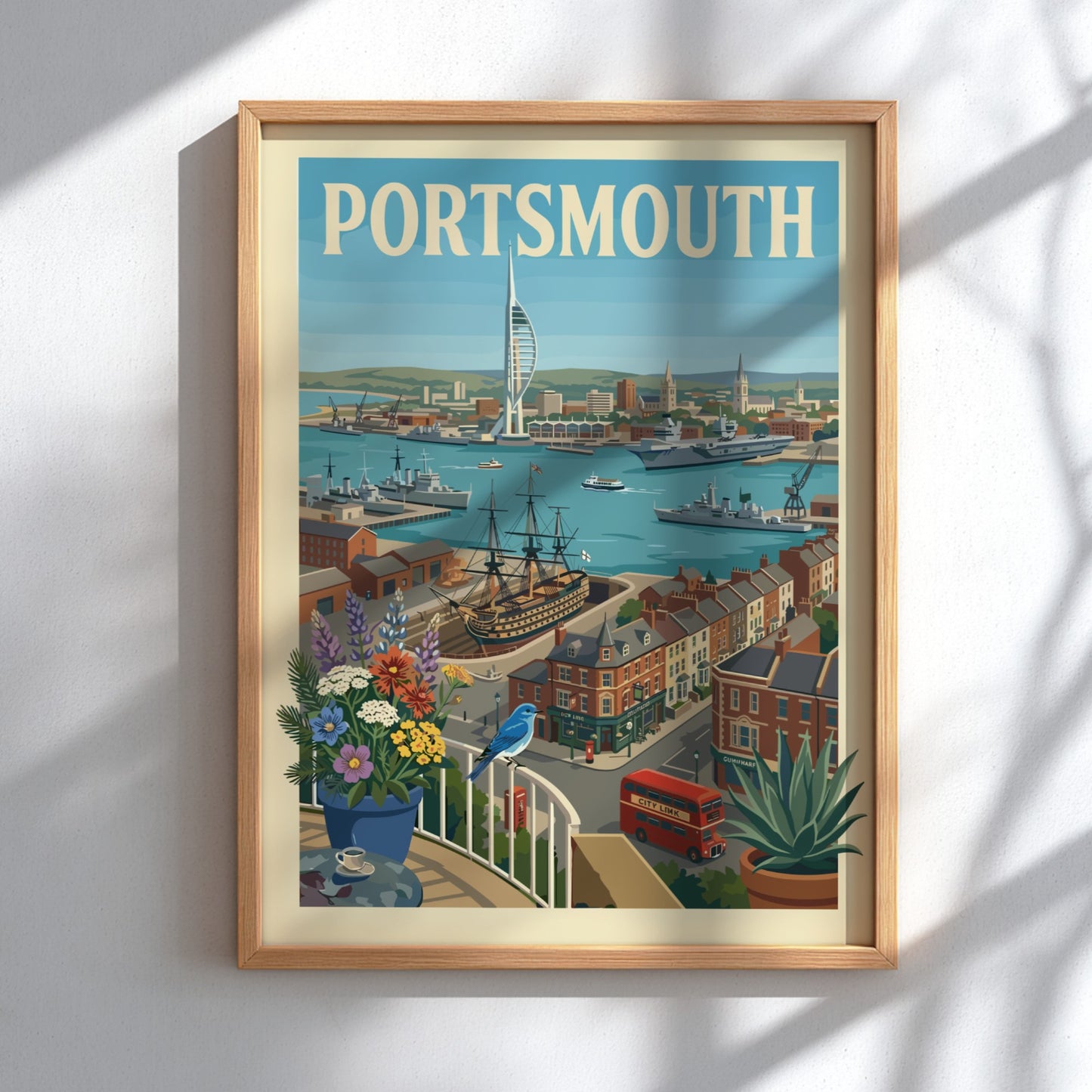Portsmouth Harbour art print with Spinnaker Tower, ships, and coastal buildings in a vintage travel poster