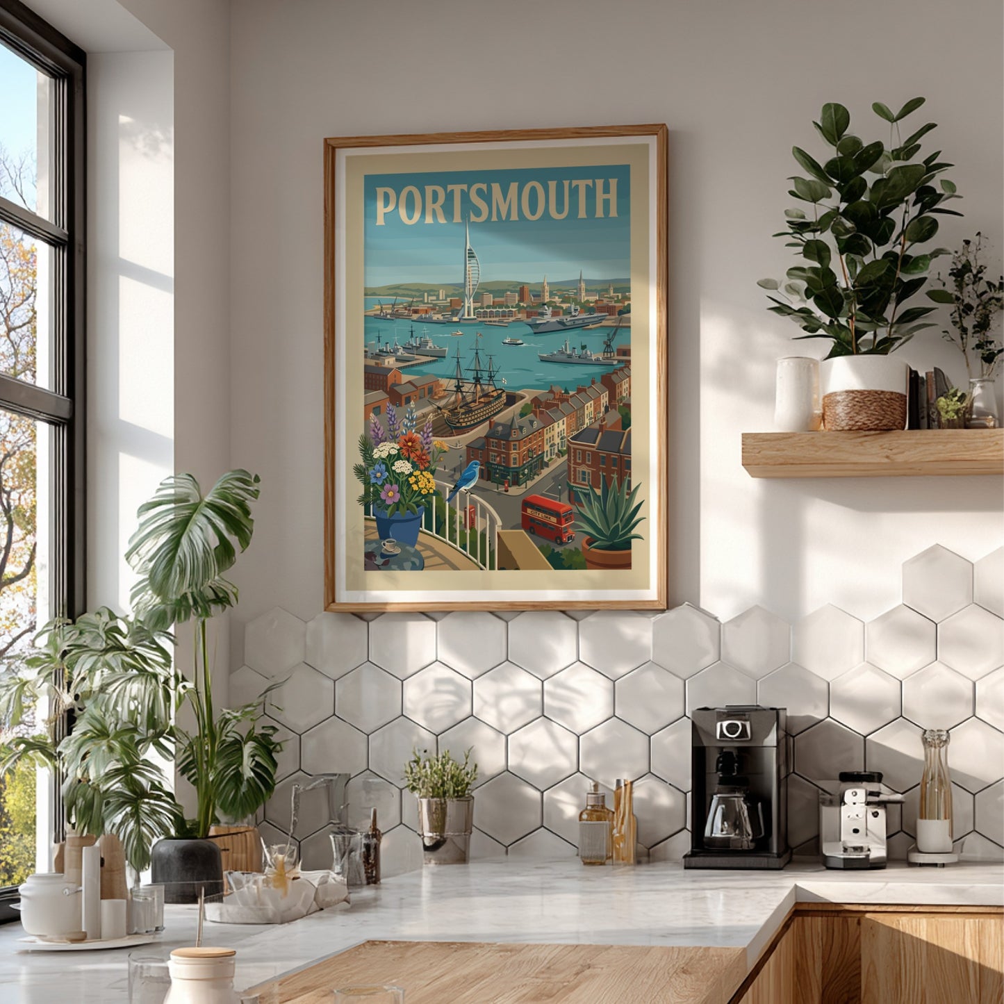 Portsmouth Harbour art print with Spinnaker Tower, ships, and coastal buildings in a vintage travel poster