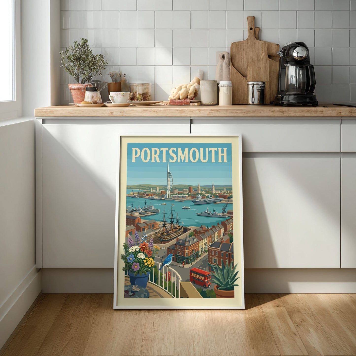 Portsmouth Harbour art print with Spinnaker Tower, ships, and coastal buildings in a vintage travel poster