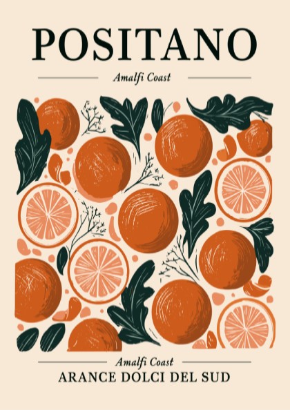 Kitchen poster featuring vibrant oranges and citrus slices in a Mediterranean style