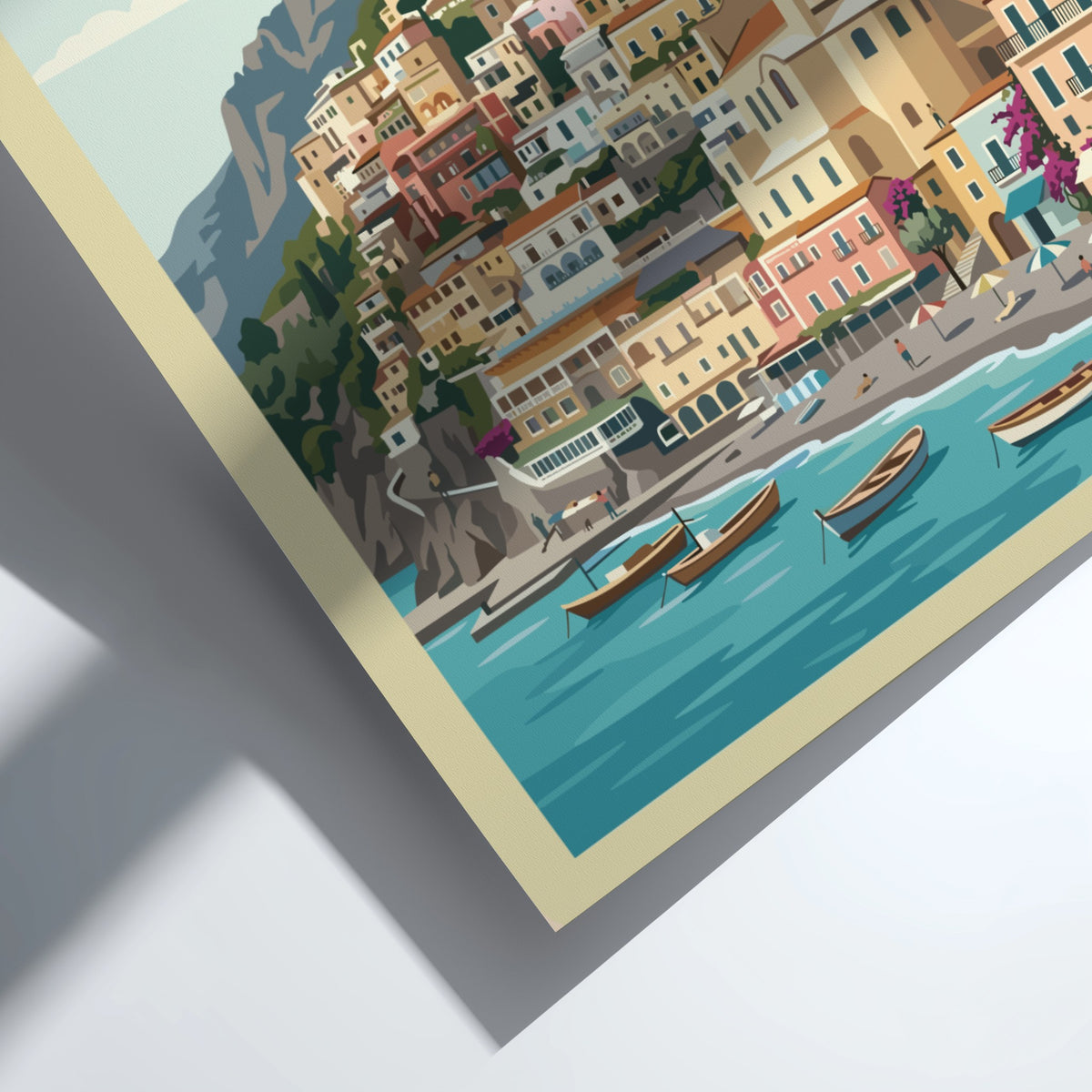 Poster of Positano Italy showing colorful houses on a cliff above blue water