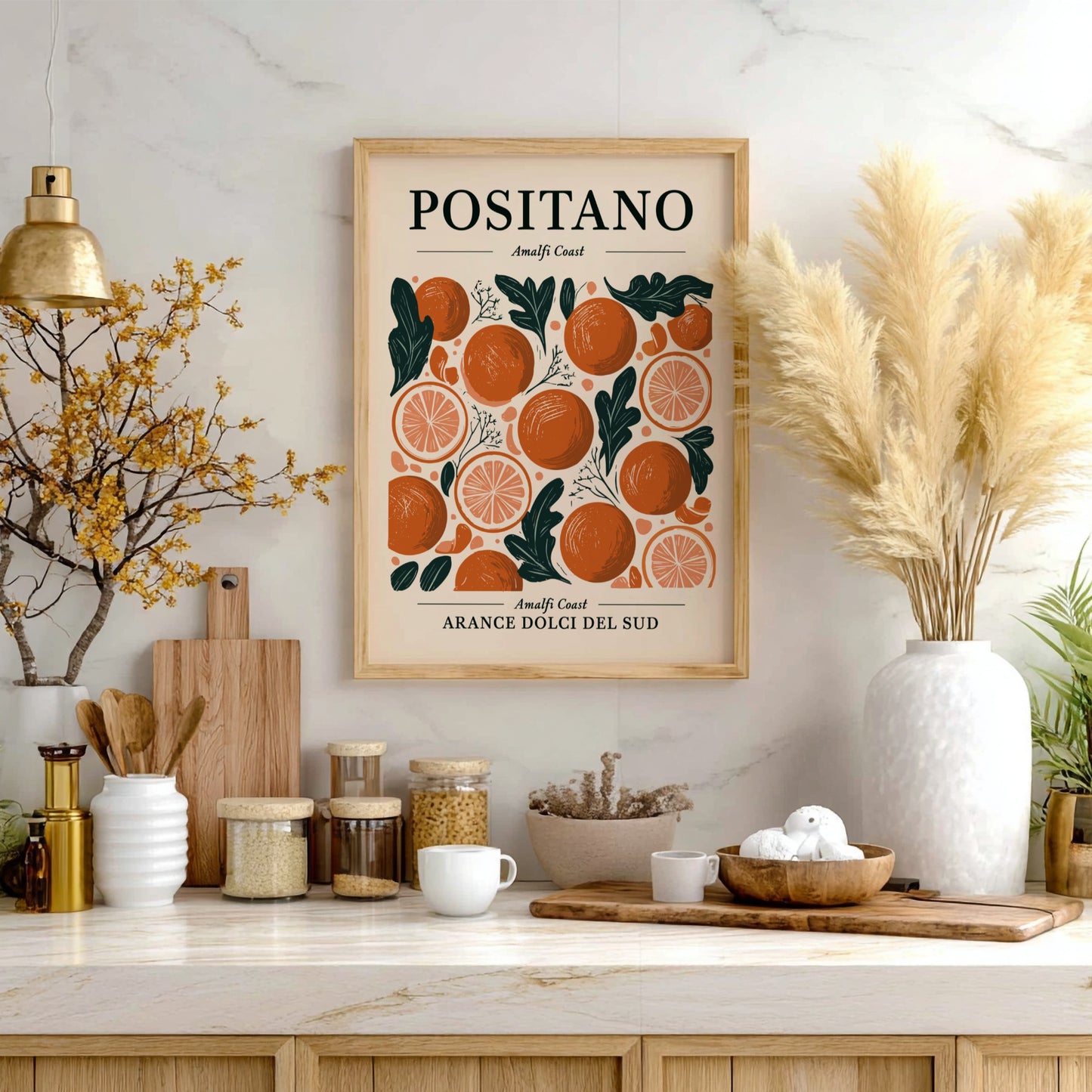Kitchen poster featuring vibrant oranges and citrus slices in a Mediterranean style