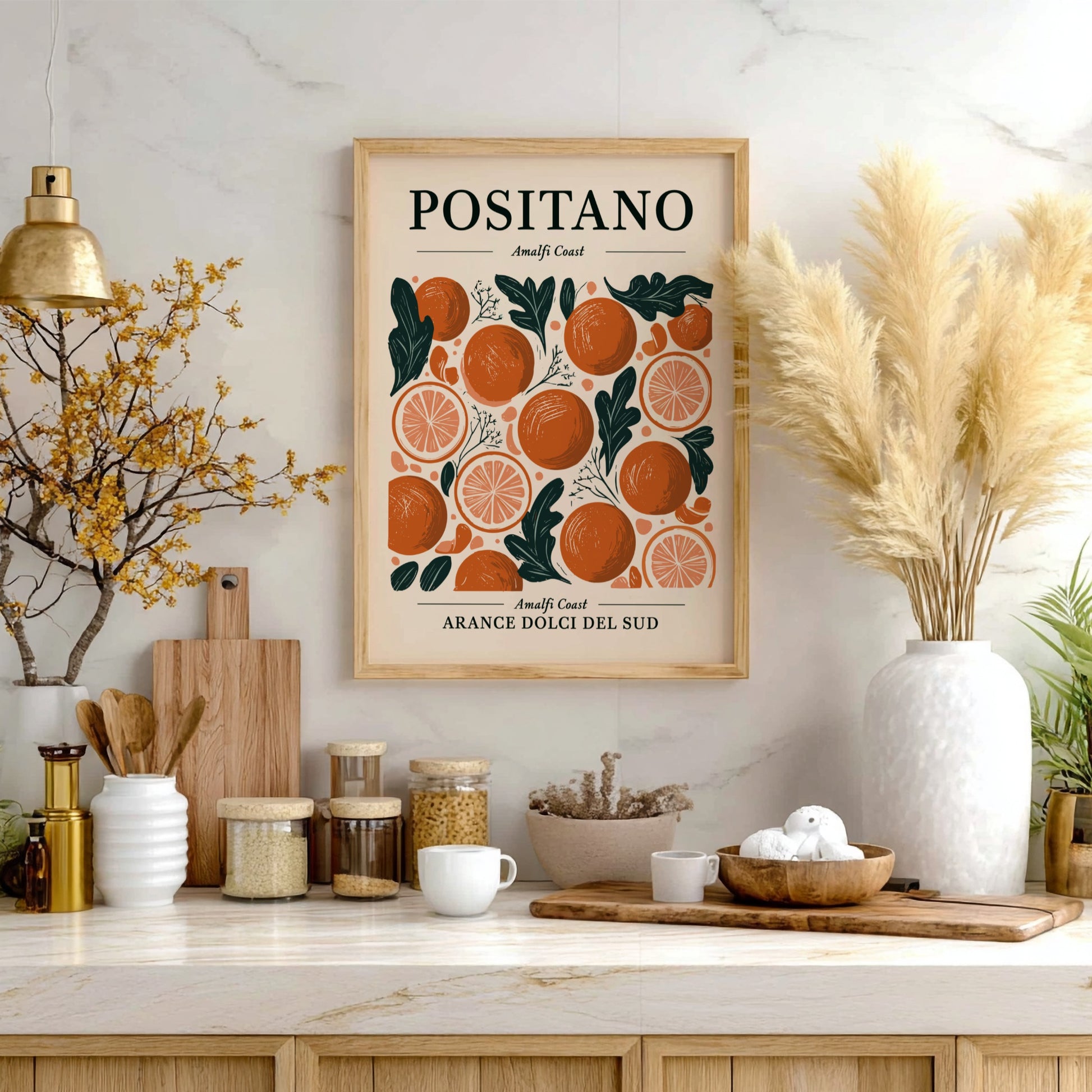 Kitchen poster featuring vibrant oranges and citrus slices in a Mediterranean style