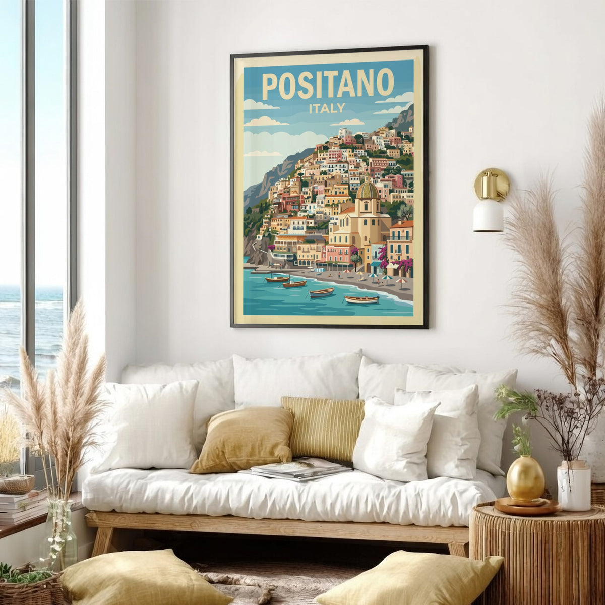 Poster of Positano Italy showing colorful houses on a cliff above blue water