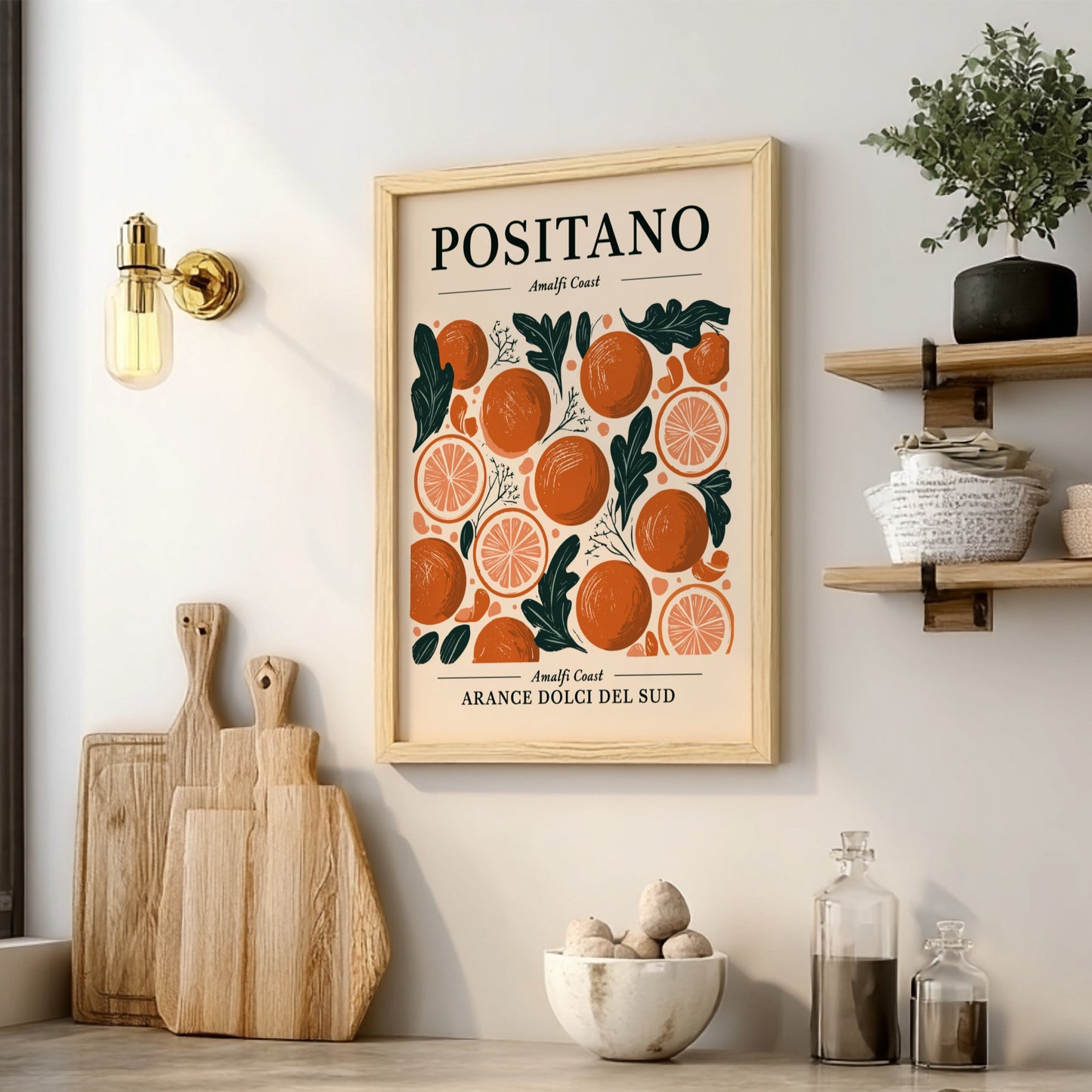 Kitchen poster featuring vibrant oranges and citrus slices in a Mediterranean style