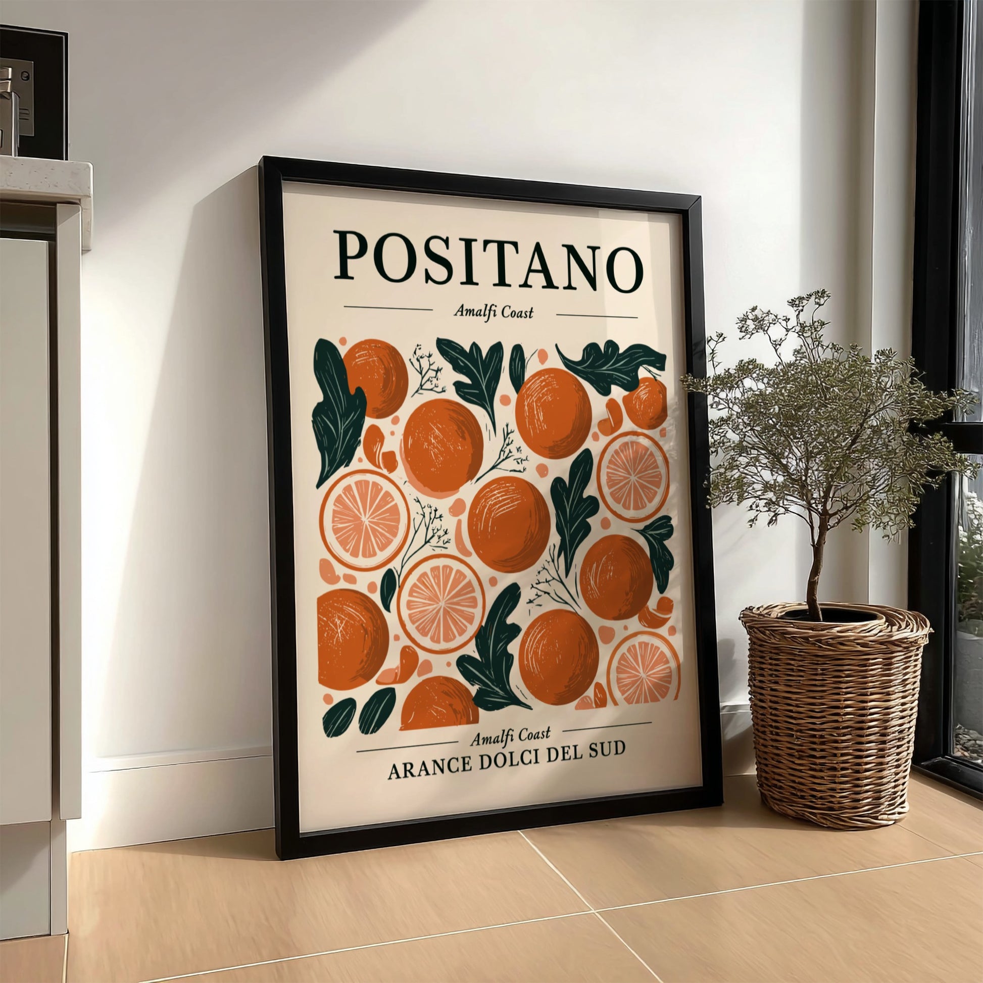 Kitchen poster featuring vibrant oranges and citrus slices in a Mediterranean style