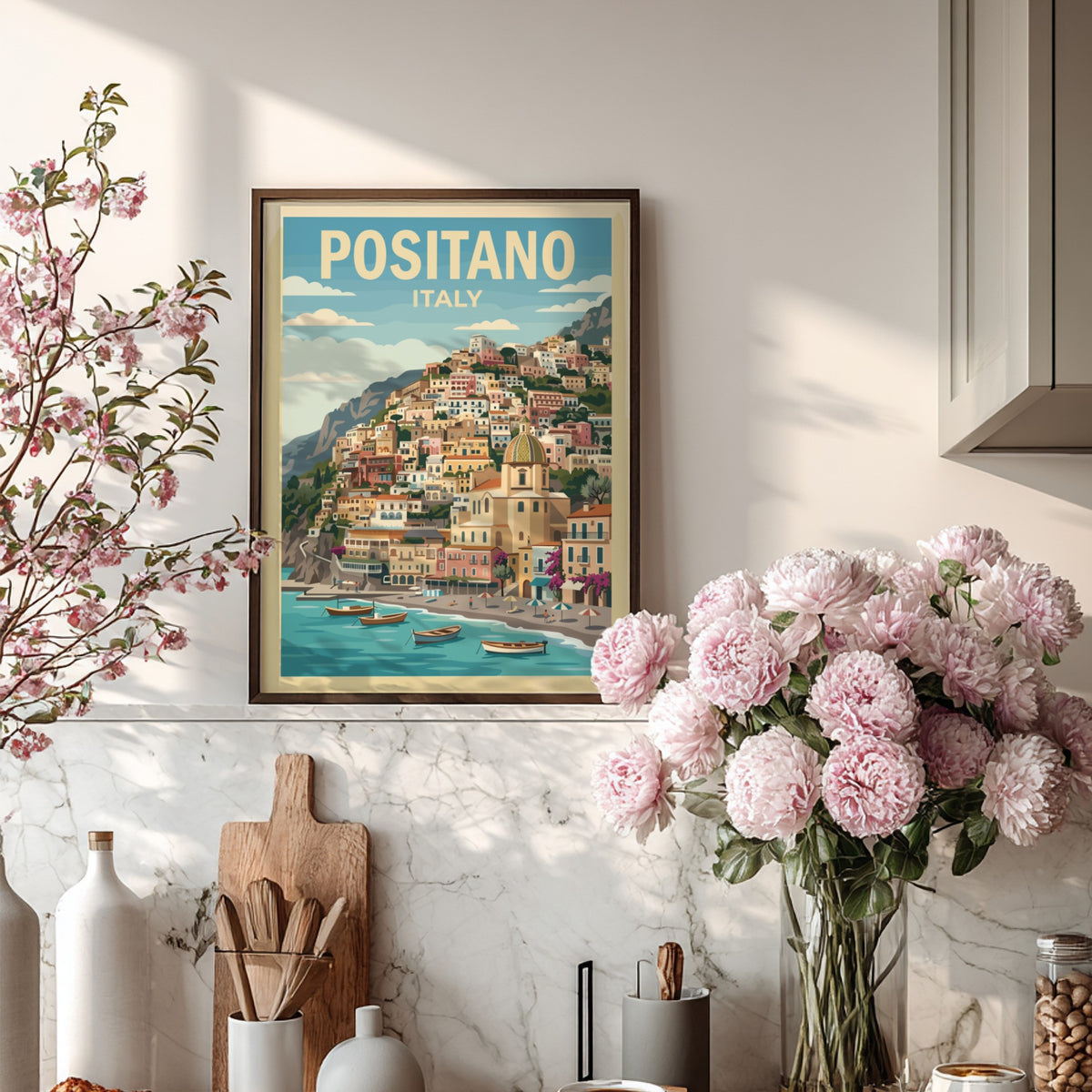 Poster of Positano Italy showing colorful houses on a cliff above blue water