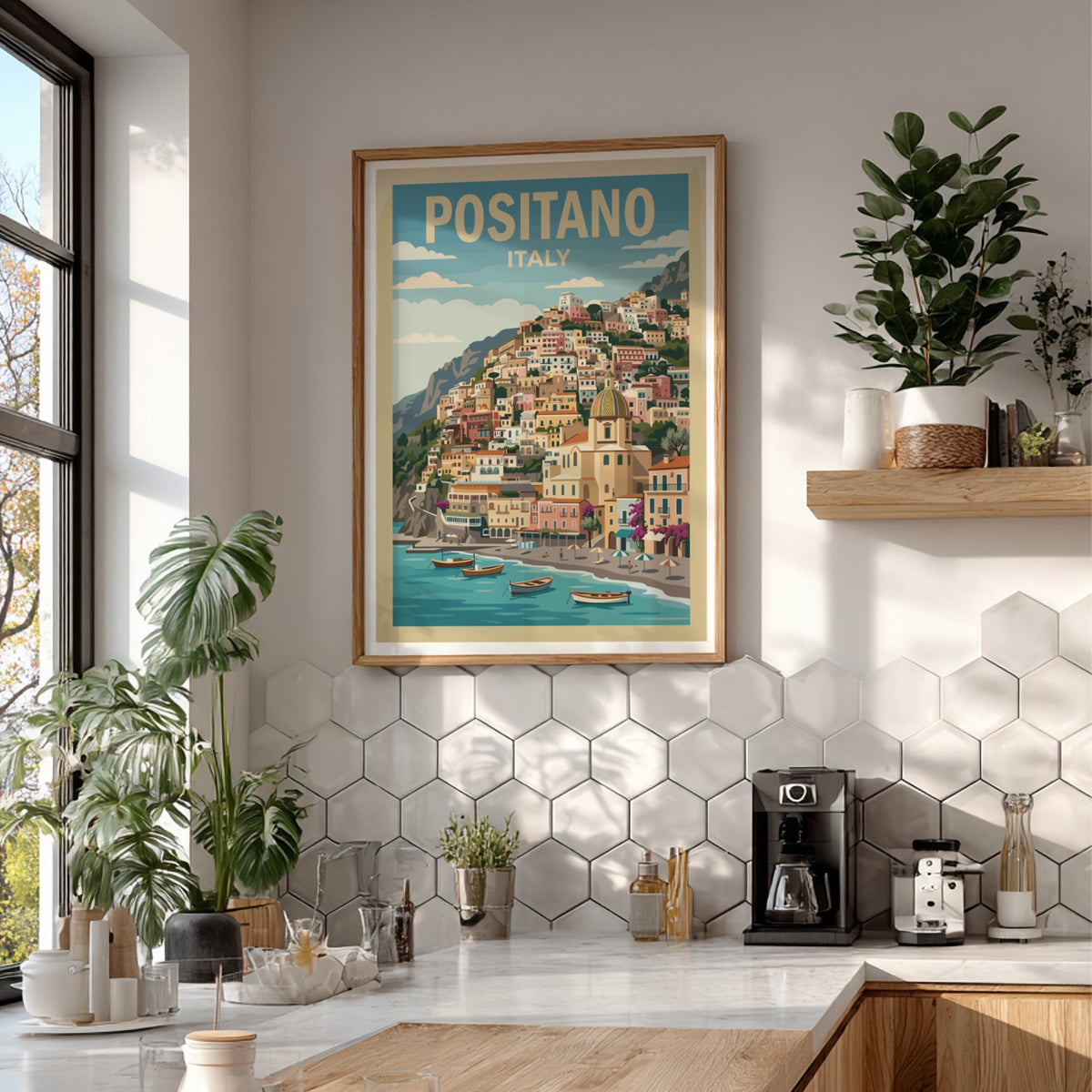 Poster of Positano Italy showing colorful houses on a cliff above blue water