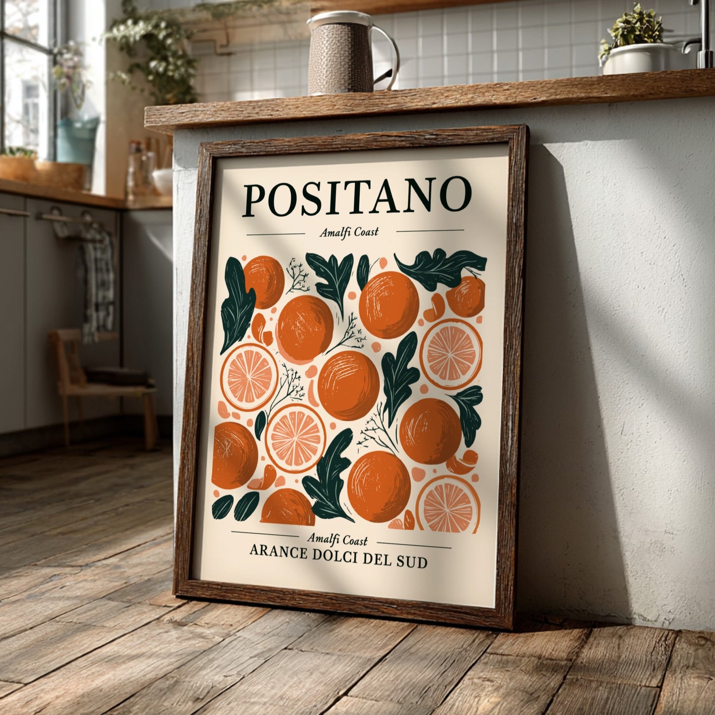 Kitchen poster featuring vibrant oranges and citrus slices in a Mediterranean style