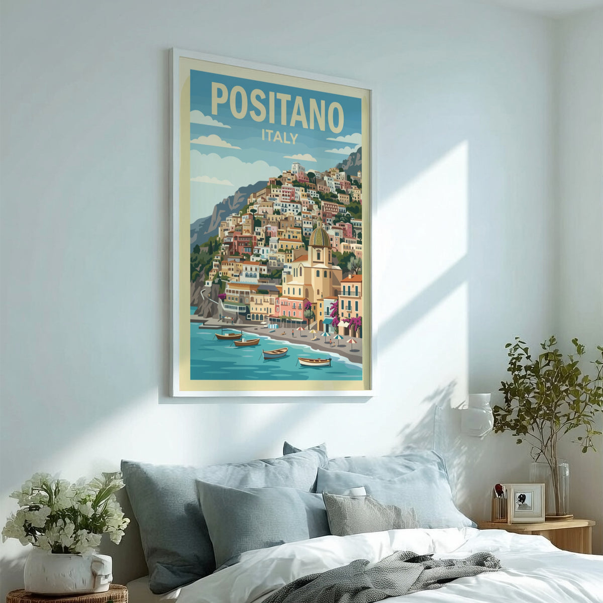 Poster of Positano Italy showing colorful houses on a cliff above blue water
