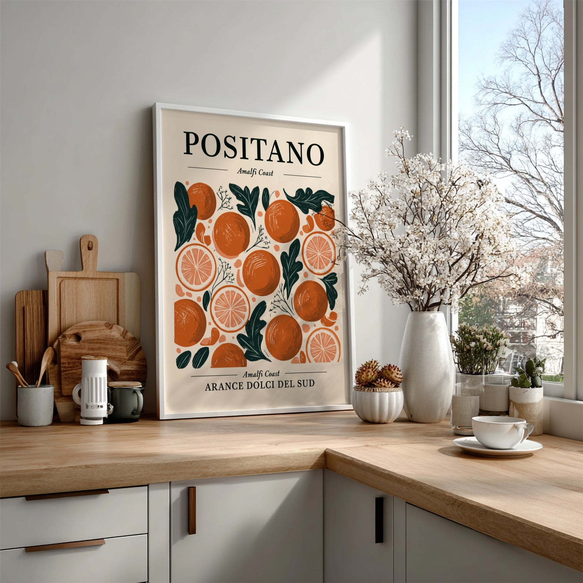 Kitchen poster featuring vibrant oranges and citrus slices in a Mediterranean style
