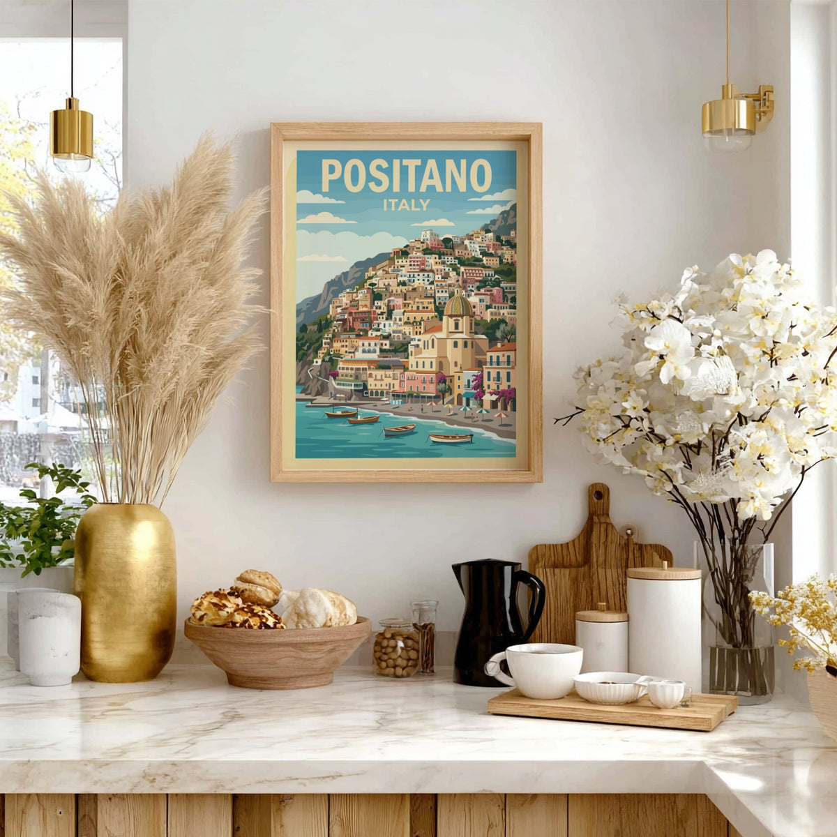 Poster of Positano Italy showing colorful houses on a cliff above blue water