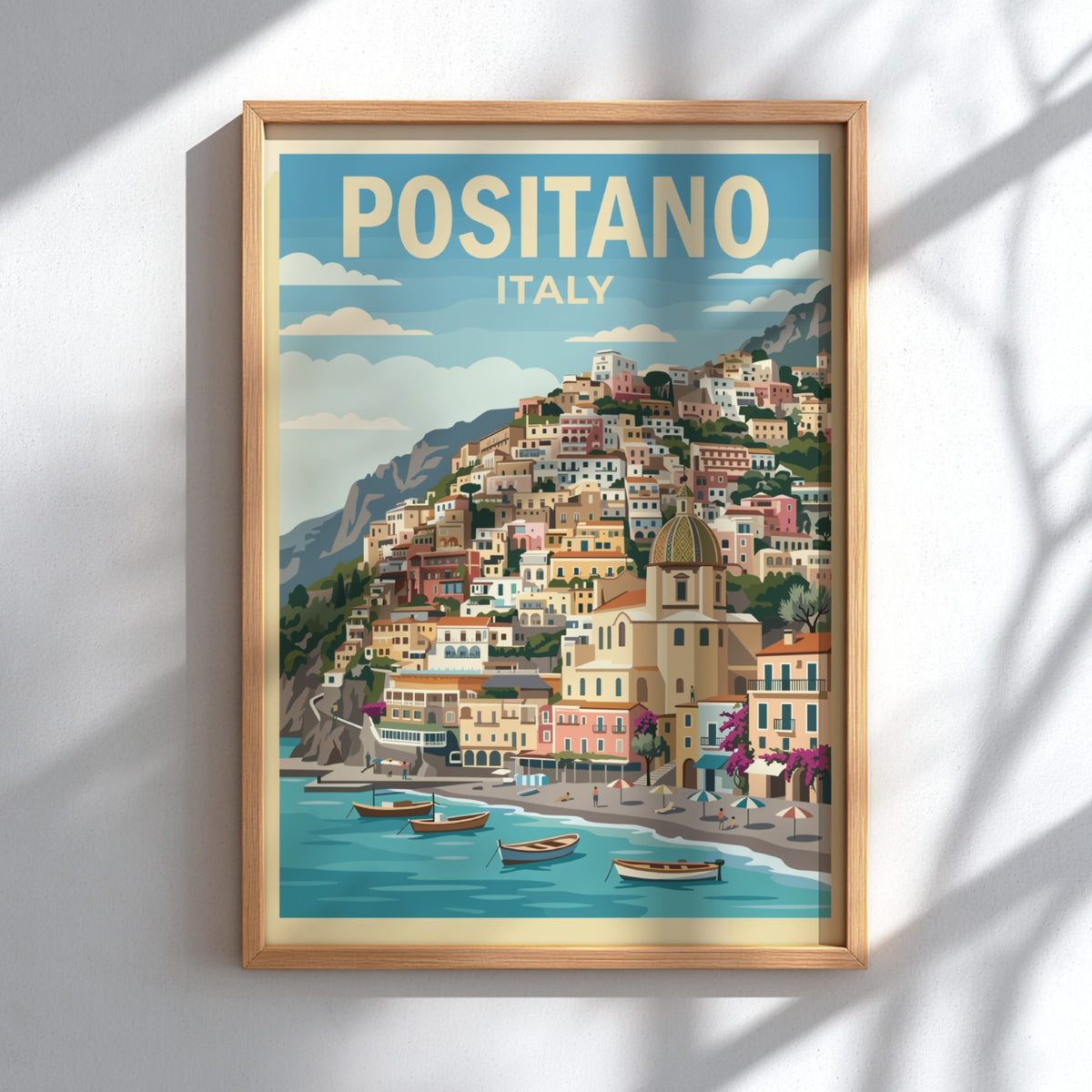 Poster of Positano Italy showing colorful houses on a cliff above blue water