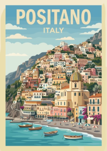 Poster of Positano Italy showing colorful houses on a cliff above blue water