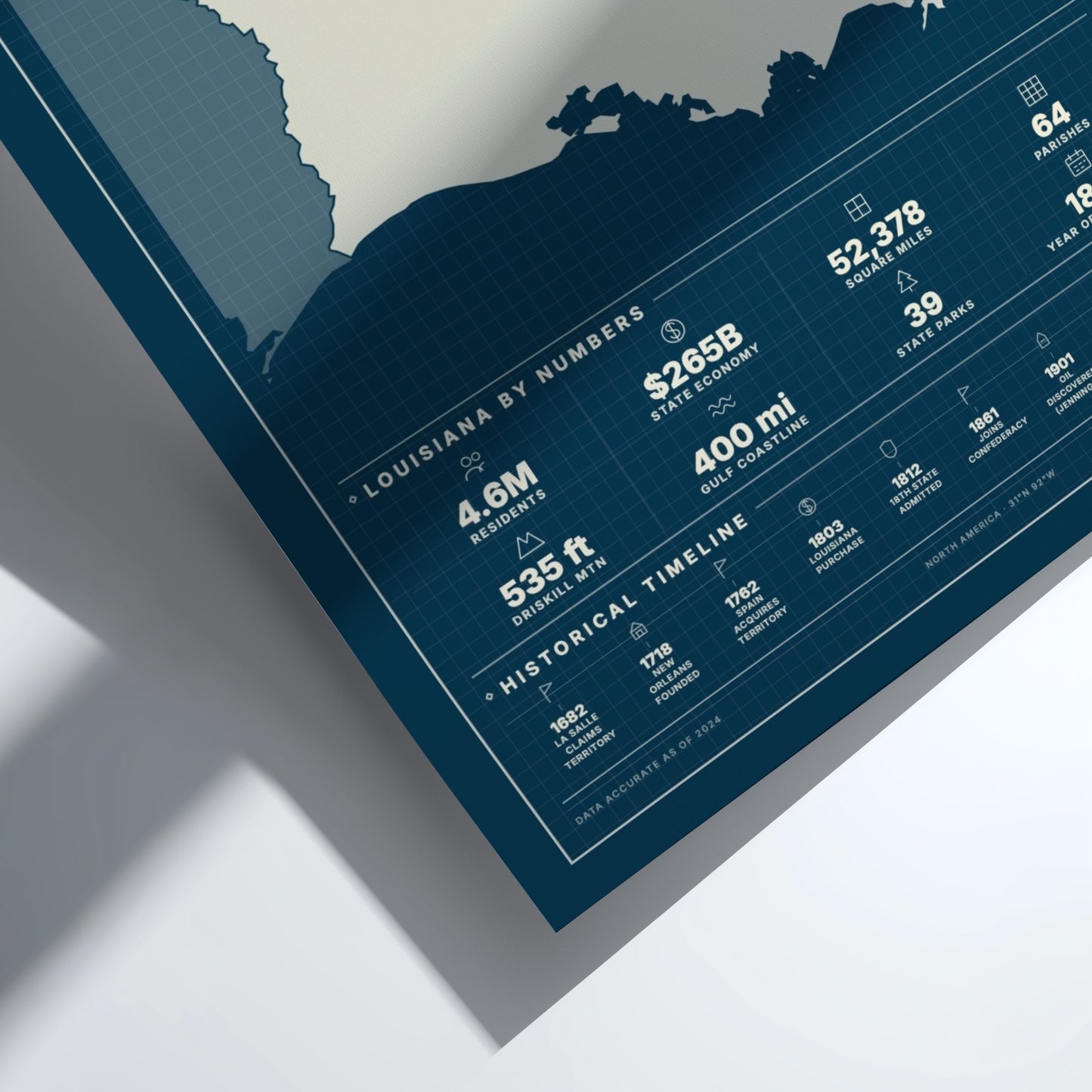 Map of Louisiana with numerical data on a white background