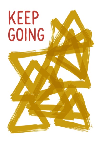 Motivational poster featuring the text Keep Going alongside abstract overlapping mustard yellow triangles.