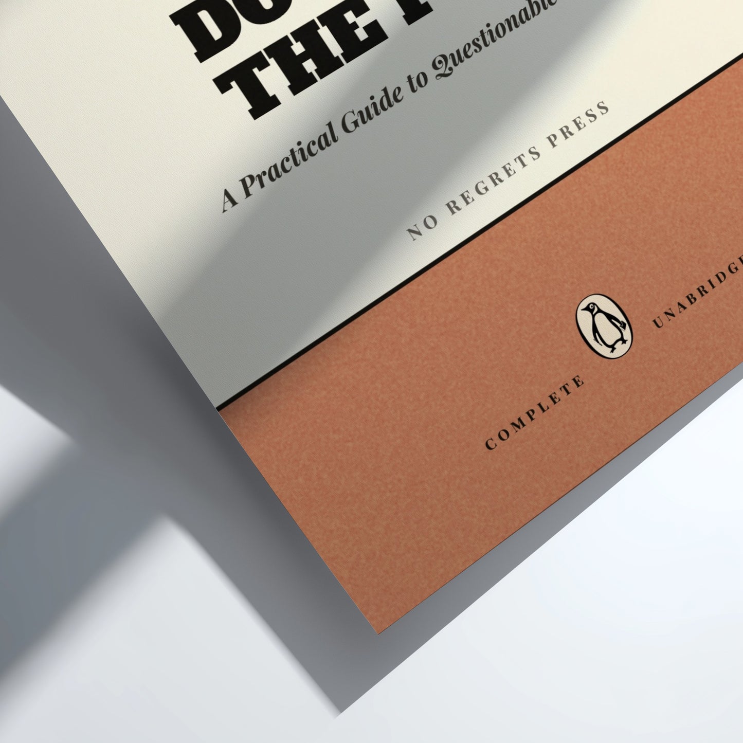 Funny quote poster featuring penguins book illustration with playful typography and warm colors