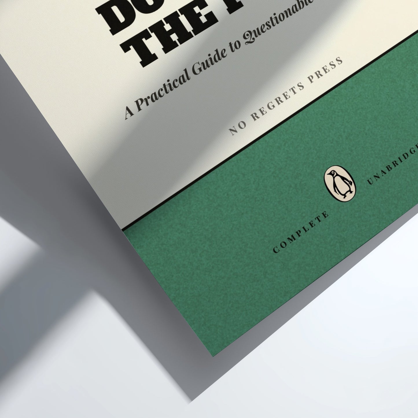 Funny quote poster featuring penguins book illustration with playful typography and warm colors