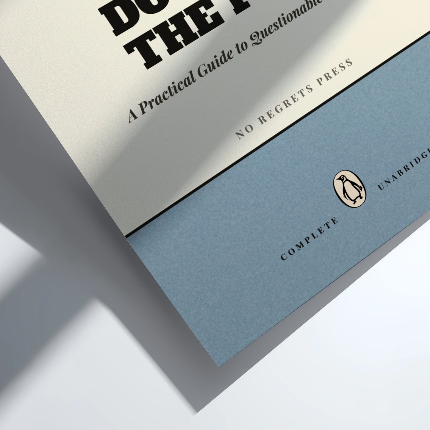 Funny quote poster featuring penguins book illustration with playful typography and warm colors