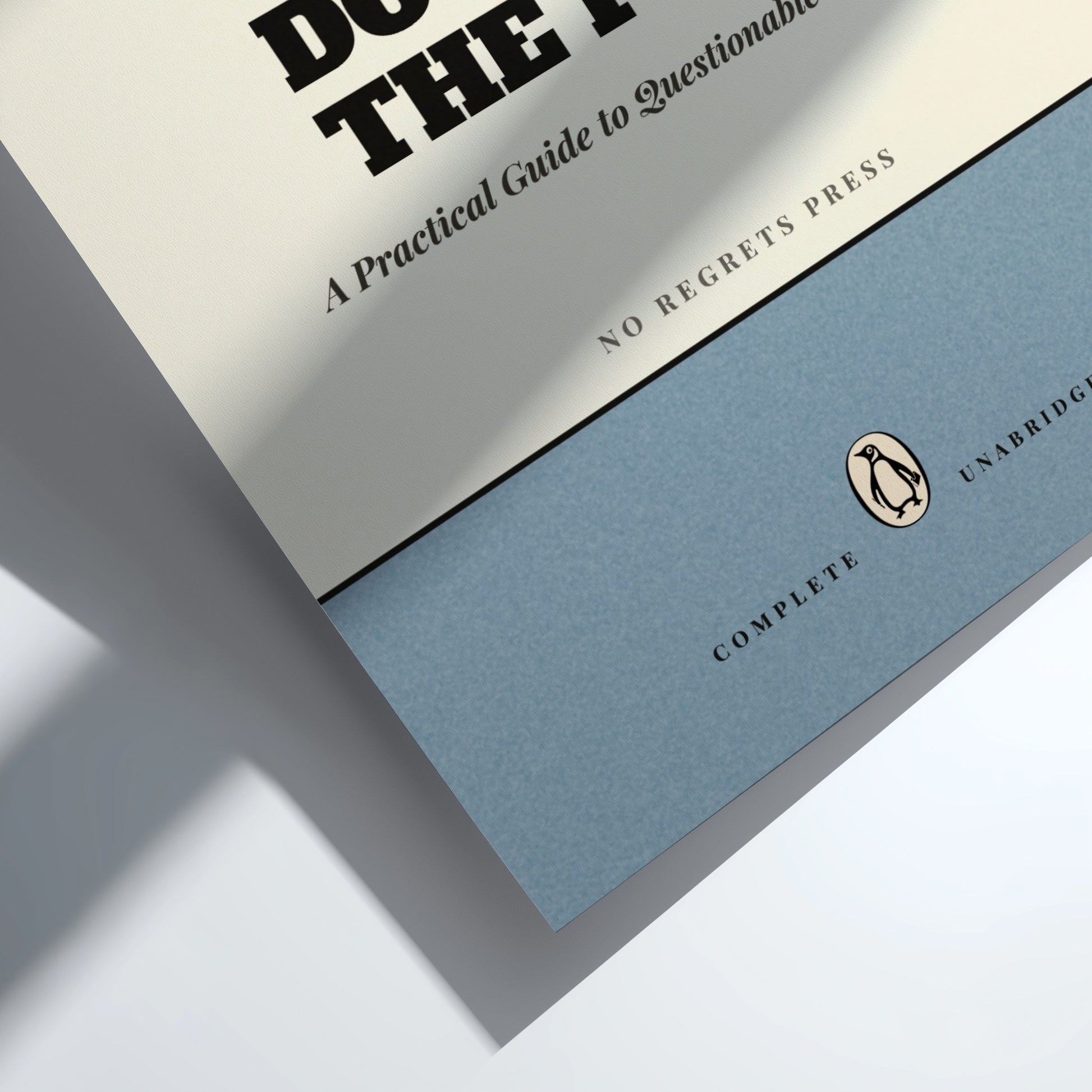 Funny quote poster featuring penguins book illustration with playful typography and warm colors