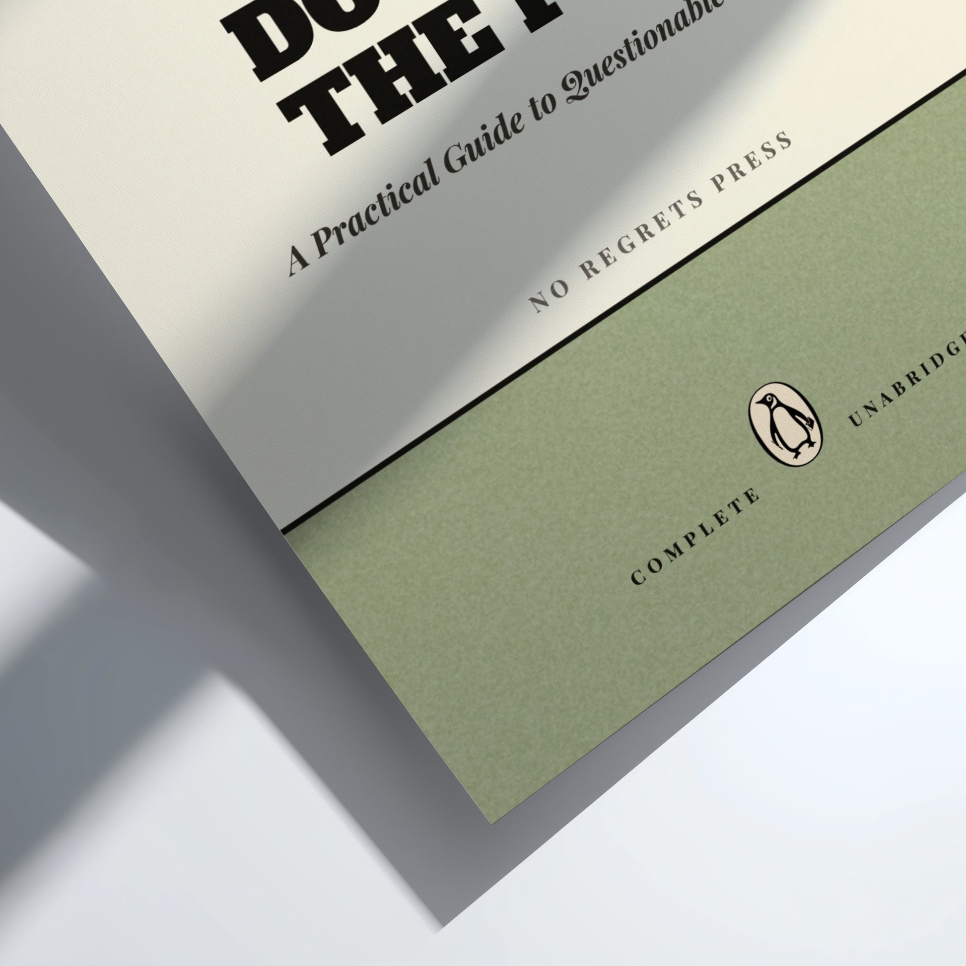 Funny quote poster featuring penguins book illustration with playful typography and warm colors