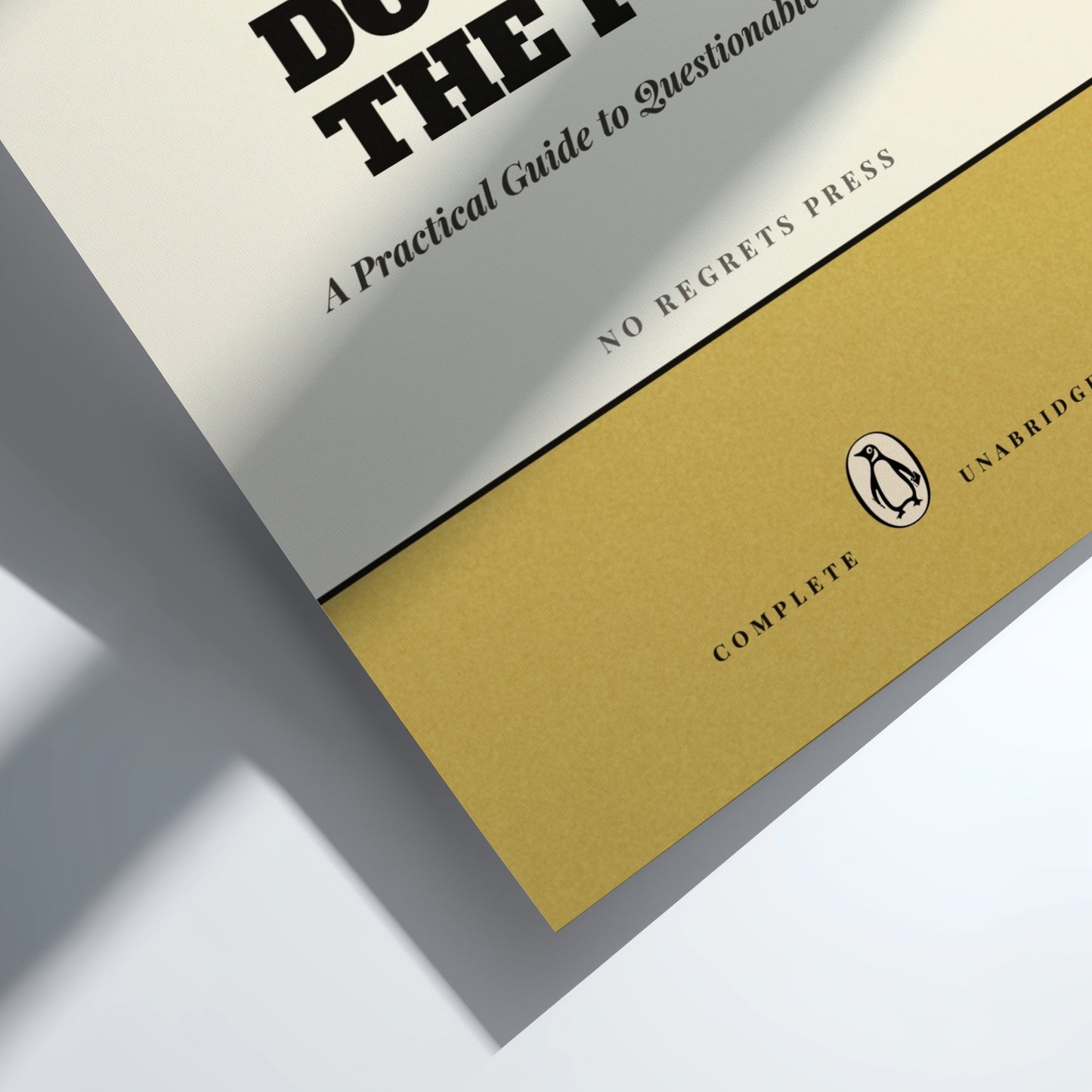 Funny quote poster featuring penguins book illustration with playful typography and warm colors