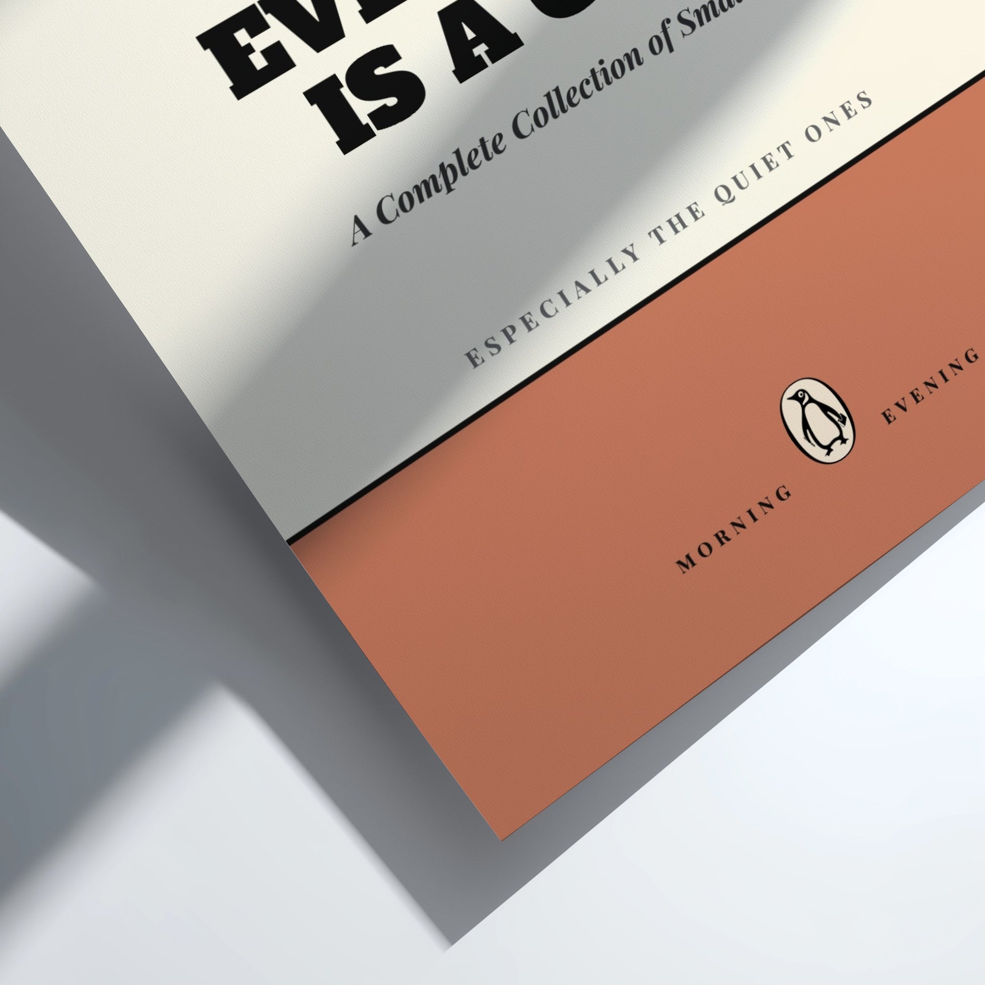 Funny quote poster featuring penguins book illustration with playful typography and warm colors