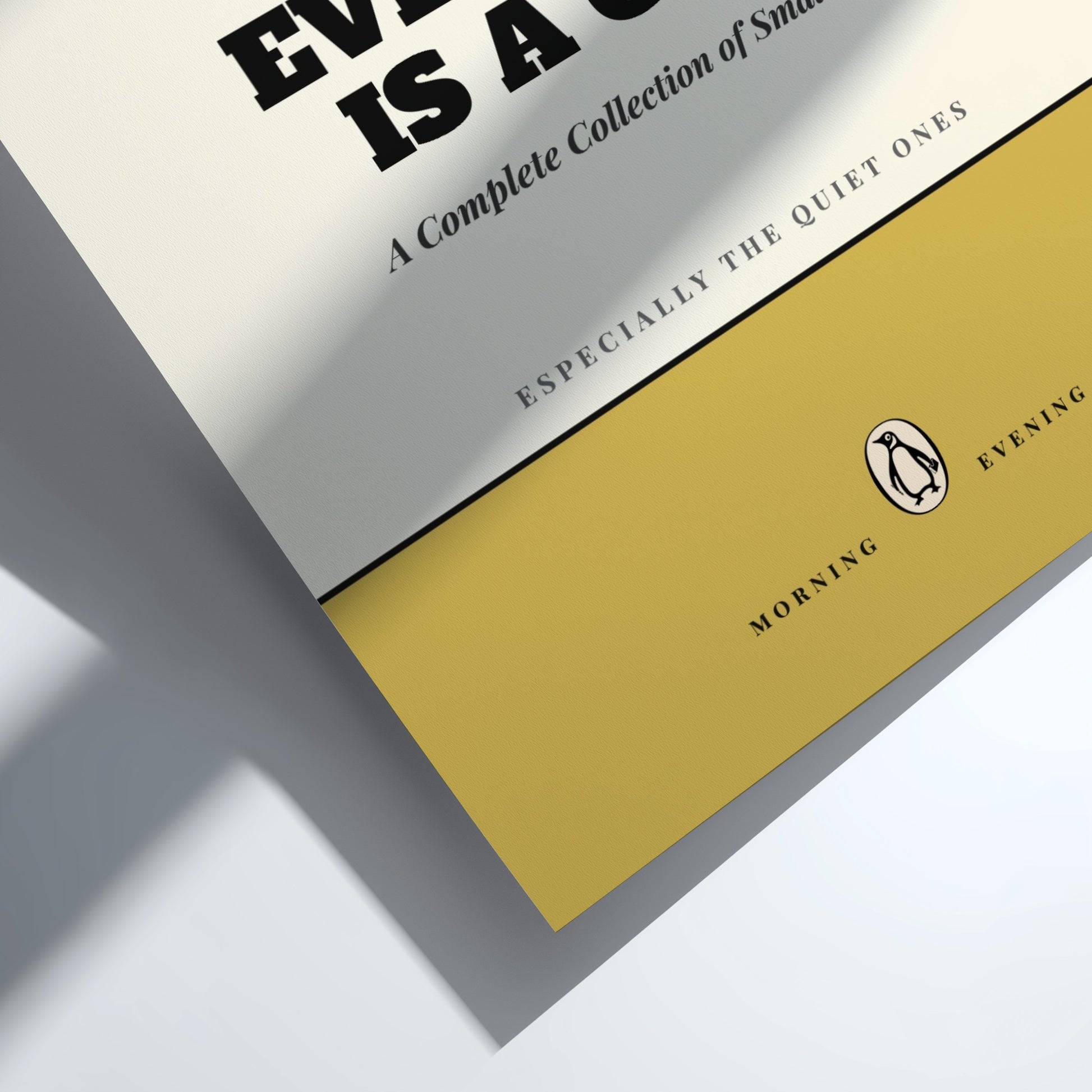 Funny quote poster featuring penguins book illustration with playful typography and warm colors