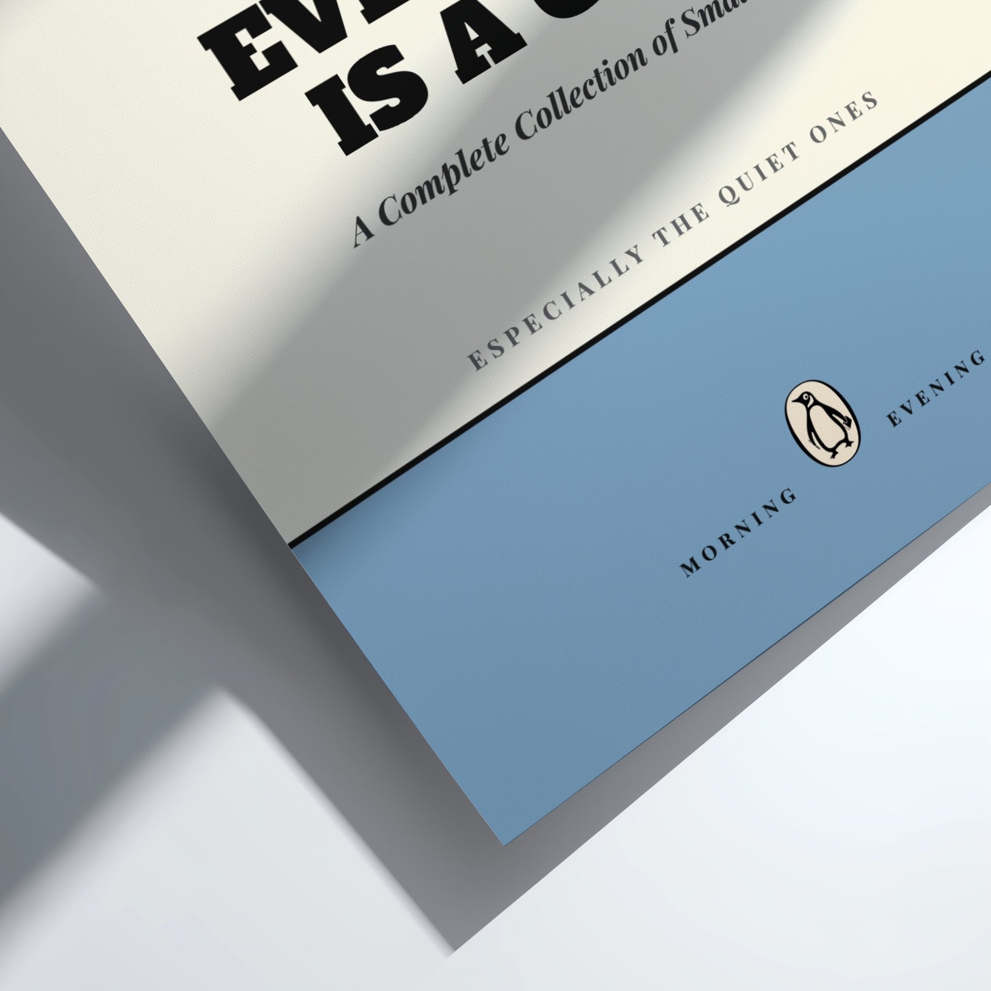 Funny quote poster featuring penguins book illustration with playful typography and warm colors