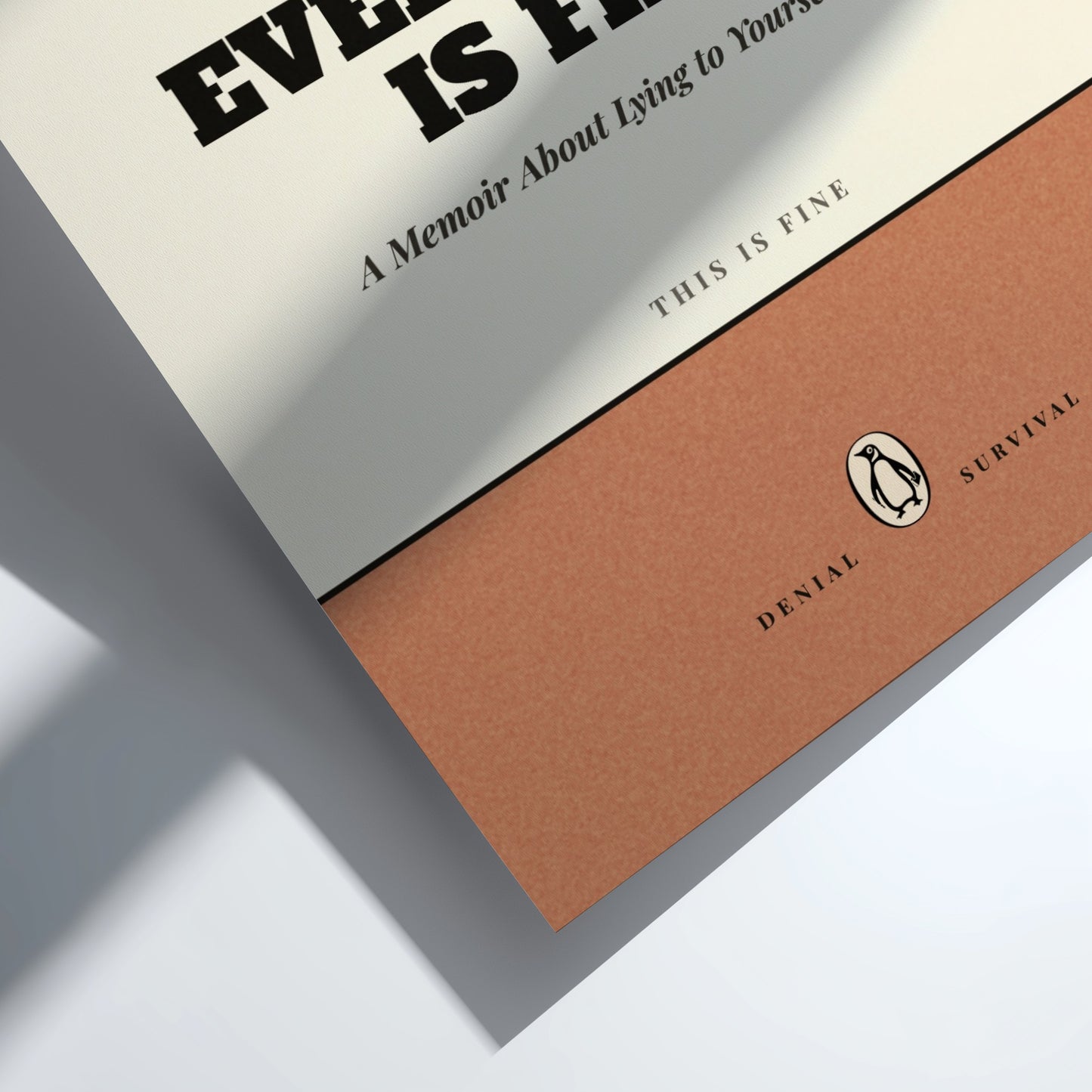 Funny quote poster featuring penguins book illustration with playful typography and warm colors
