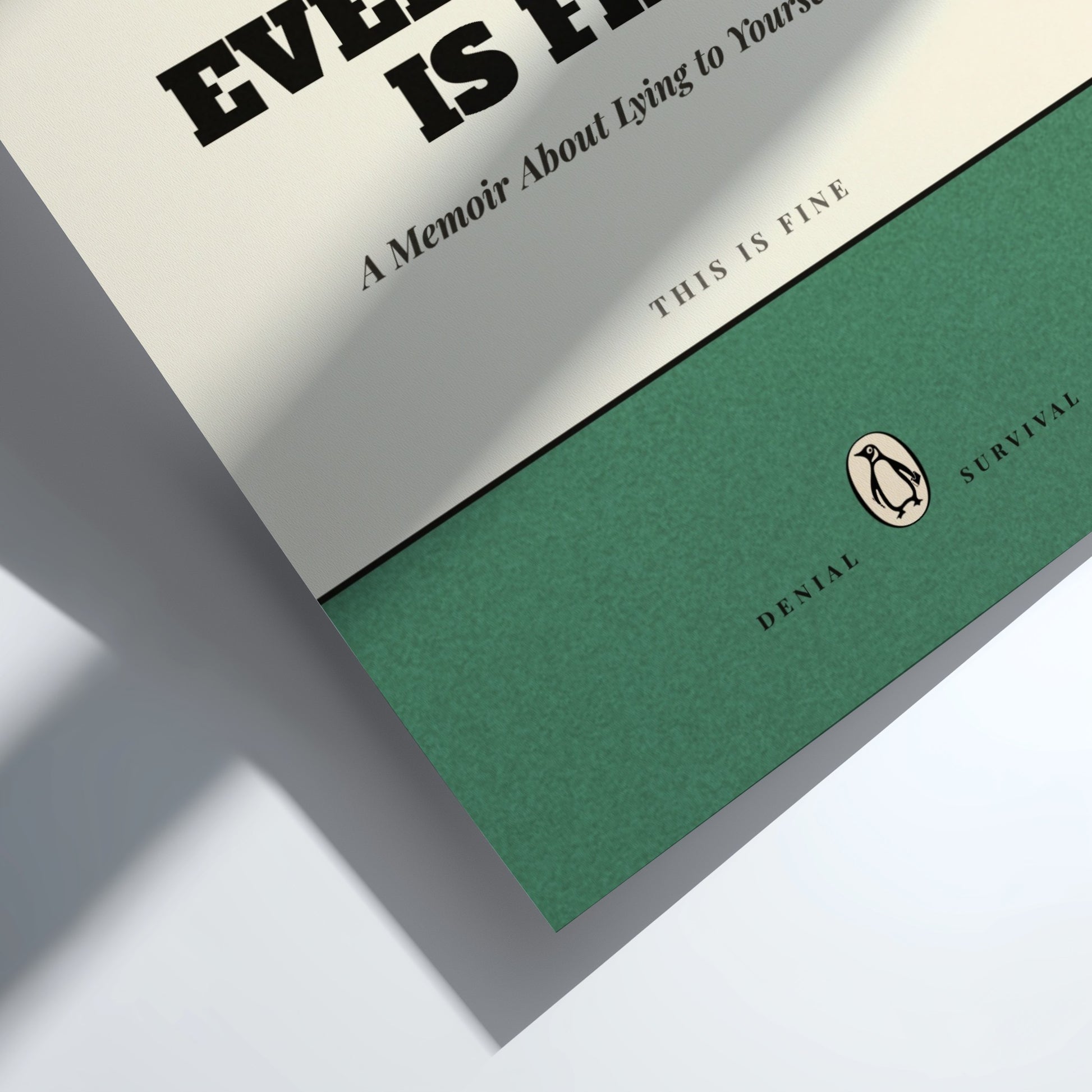 Funny quote poster featuring penguins book illustration with playful typography and warm colors