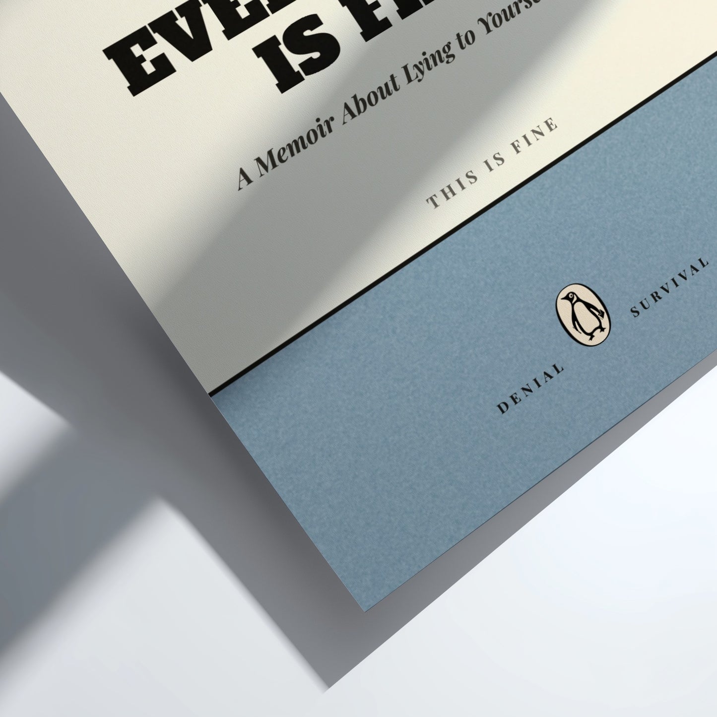 Funny quote poster featuring penguins book illustration with playful typography and warm colors