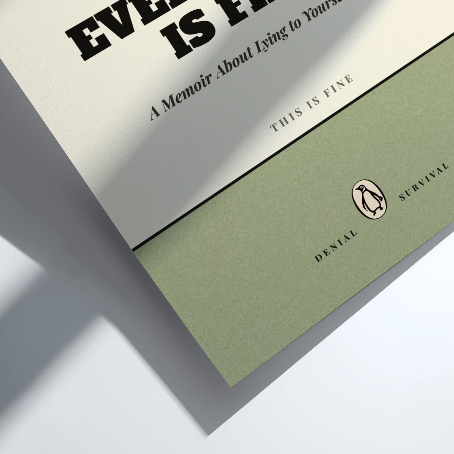 Funny quote poster featuring penguins book illustration with playful typography and warm colors