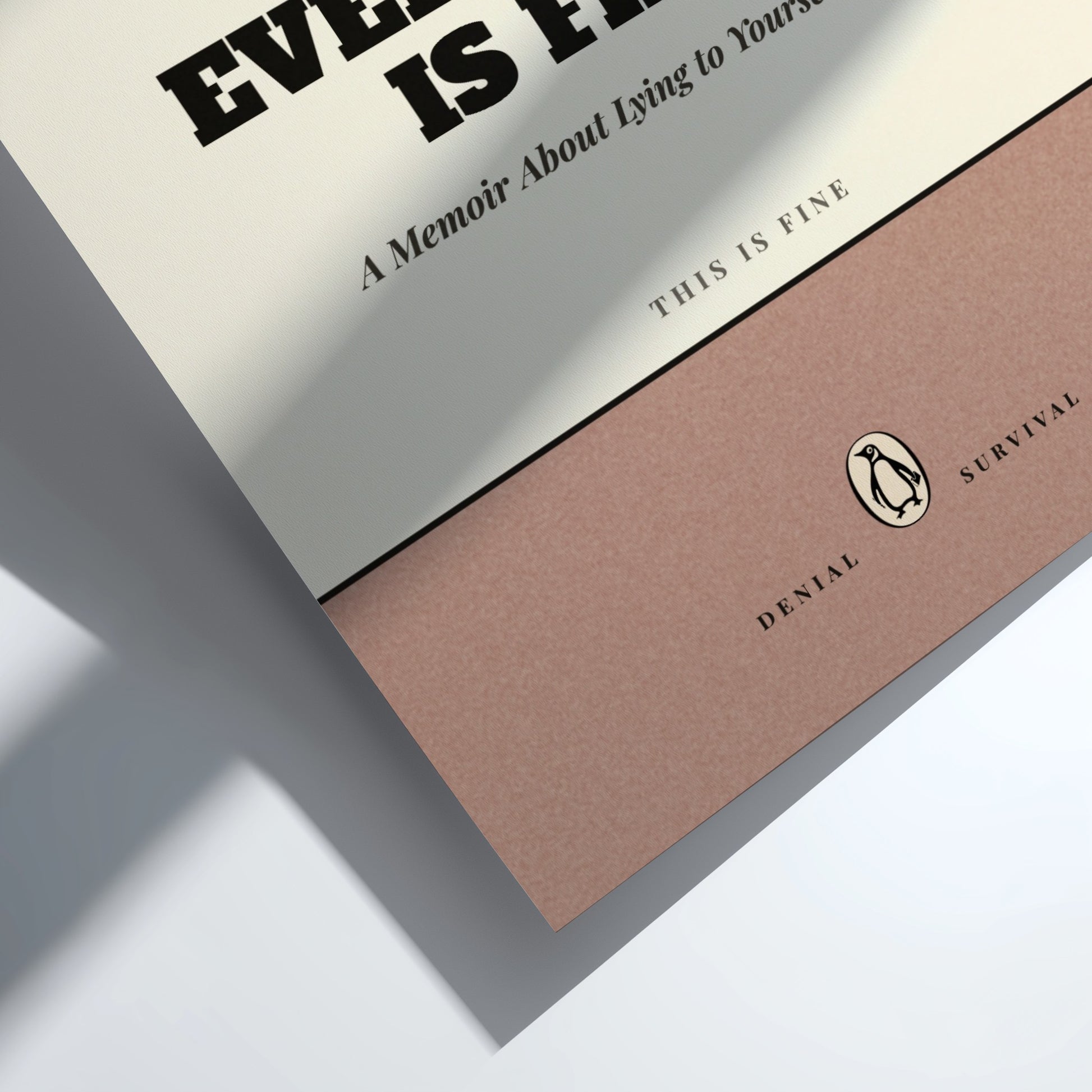 Funny quote poster featuring penguins book illustration with playful typography and warm colors