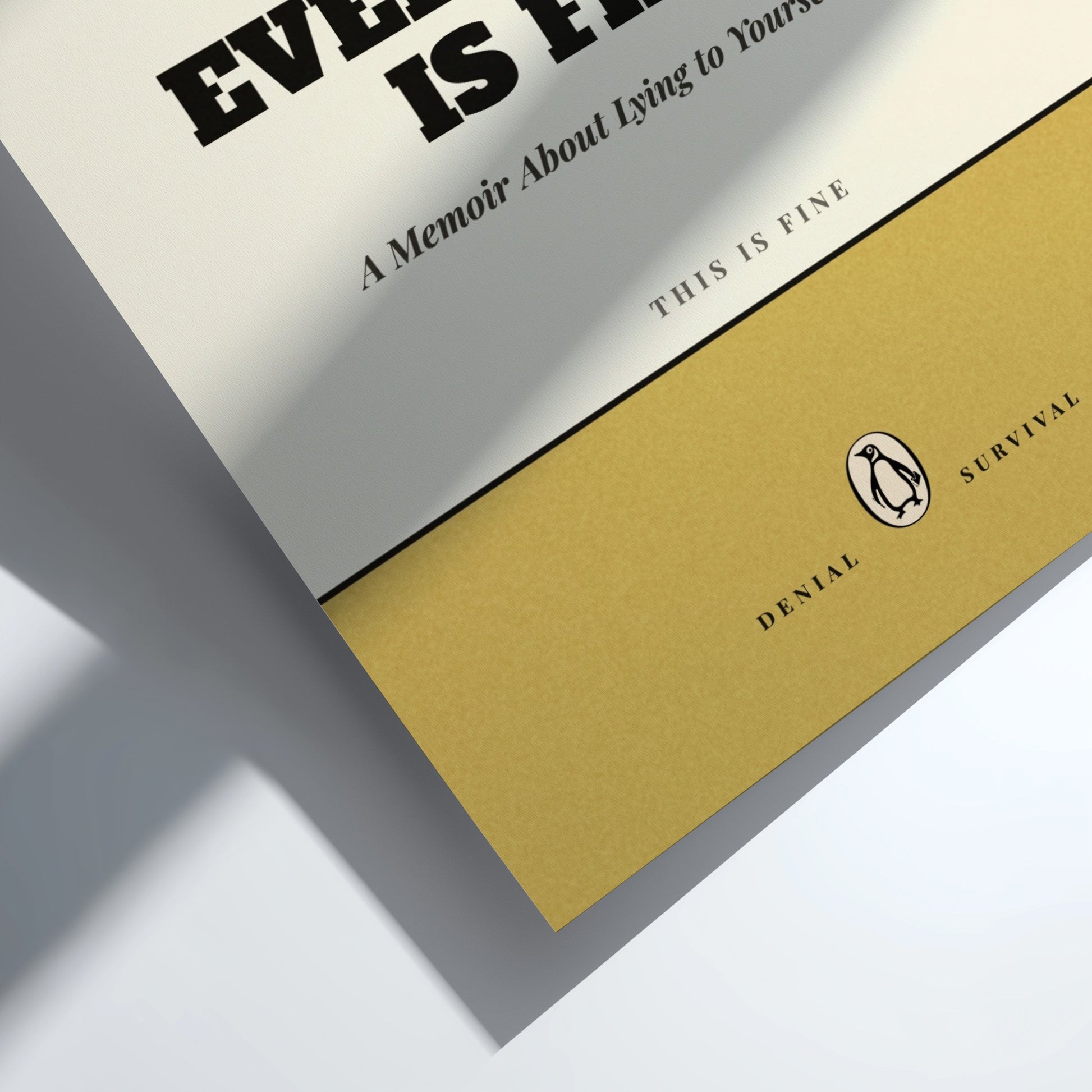 Funny quote poster featuring penguins book illustration with playful typography and warm colors