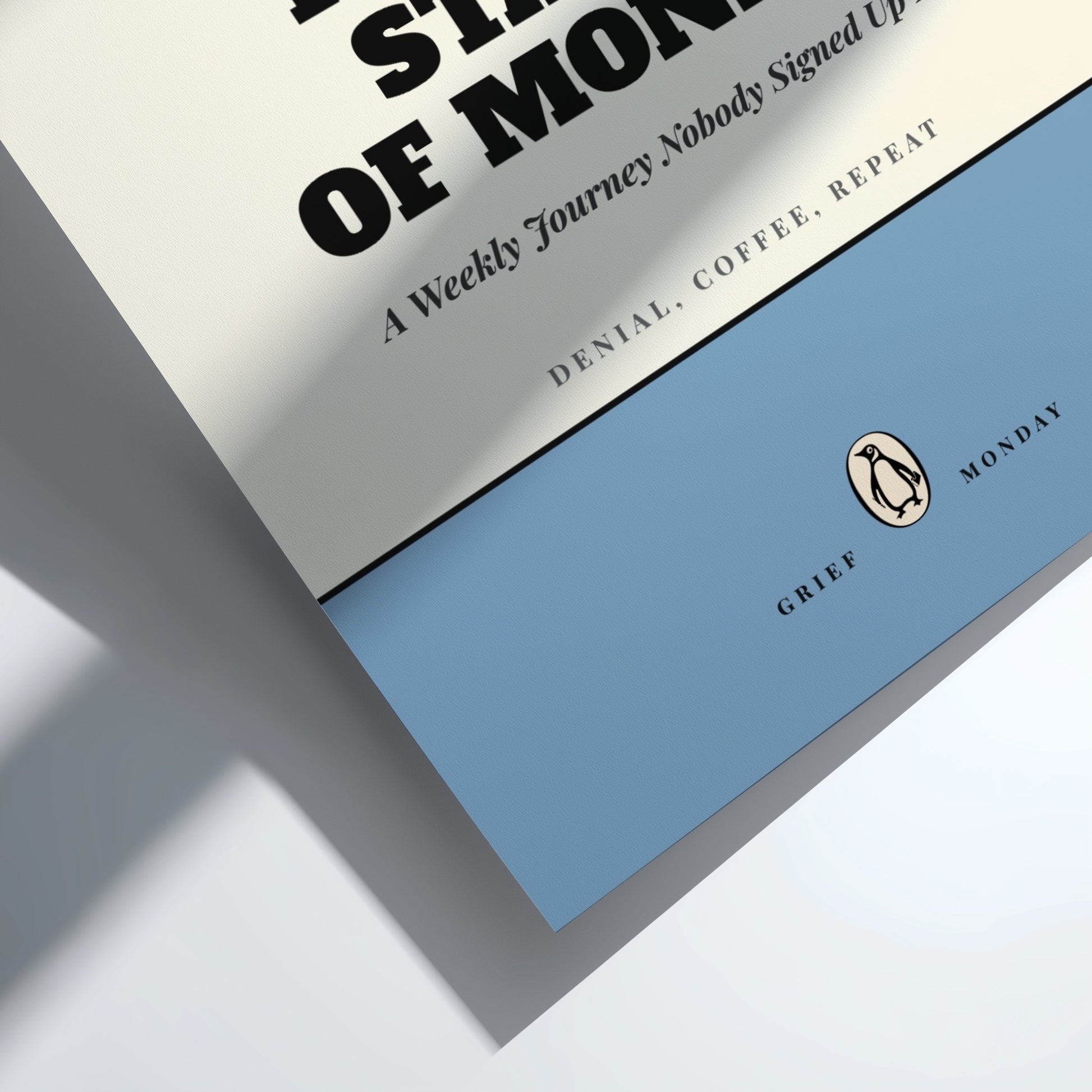 Funny quote poster featuring penguins book illustration with playful typography and warm colors