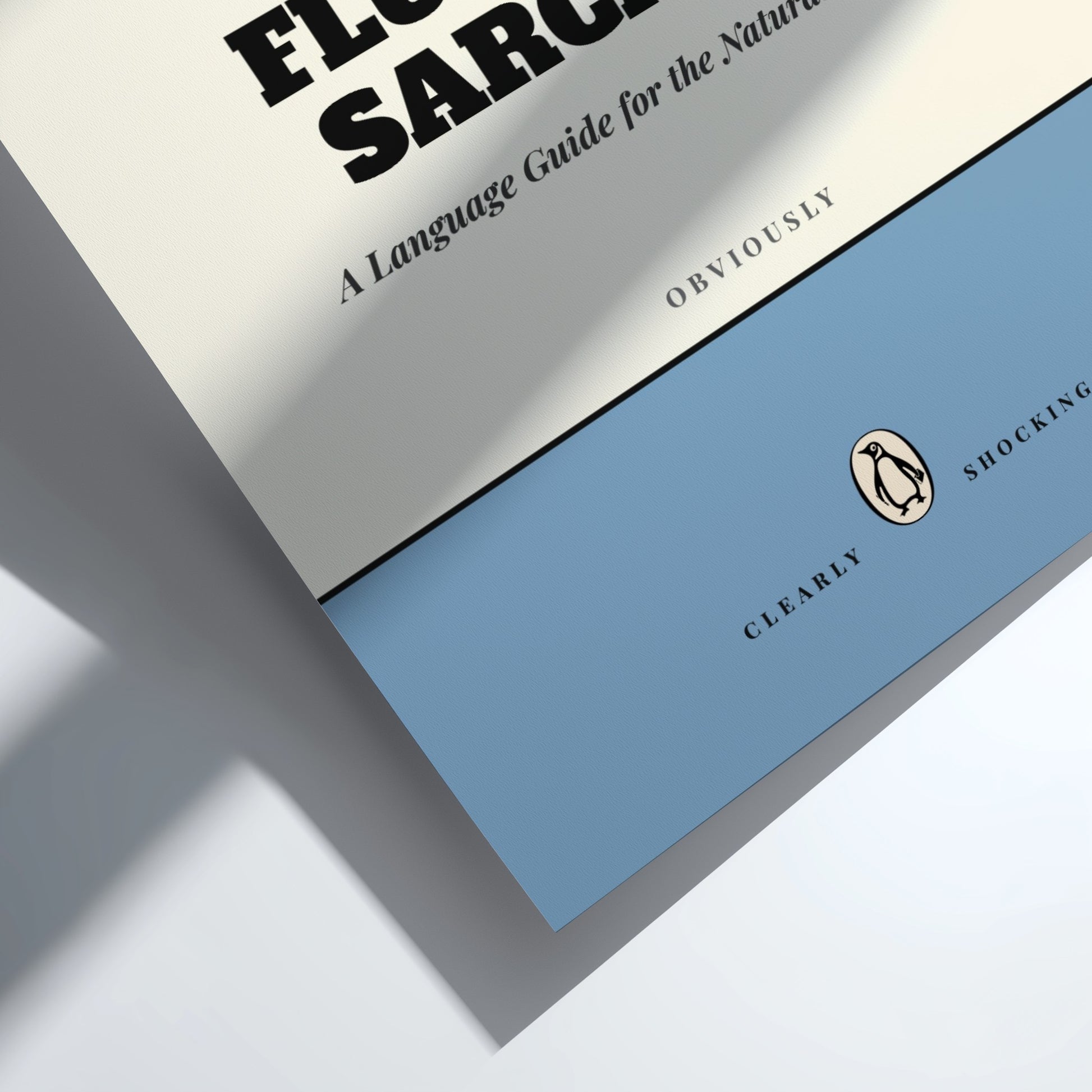 Funny quote poster featuring penguins book illustration with playful typography and warm colors
