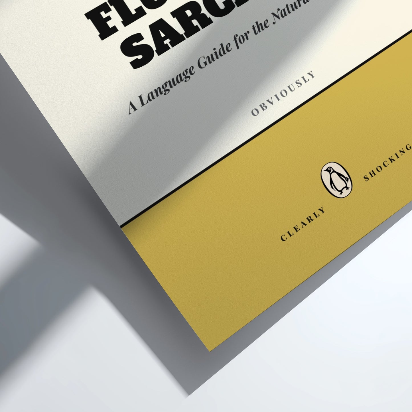 Funny quote poster featuring penguins book illustration with playful typography and warm colors