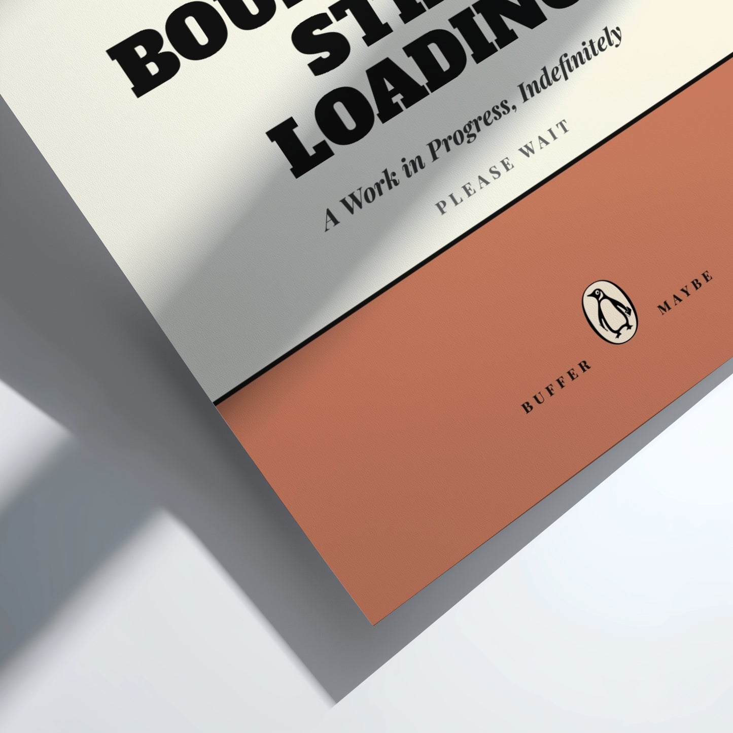 Funny quote poster featuring penguins book illustration with playful typography and warm colors