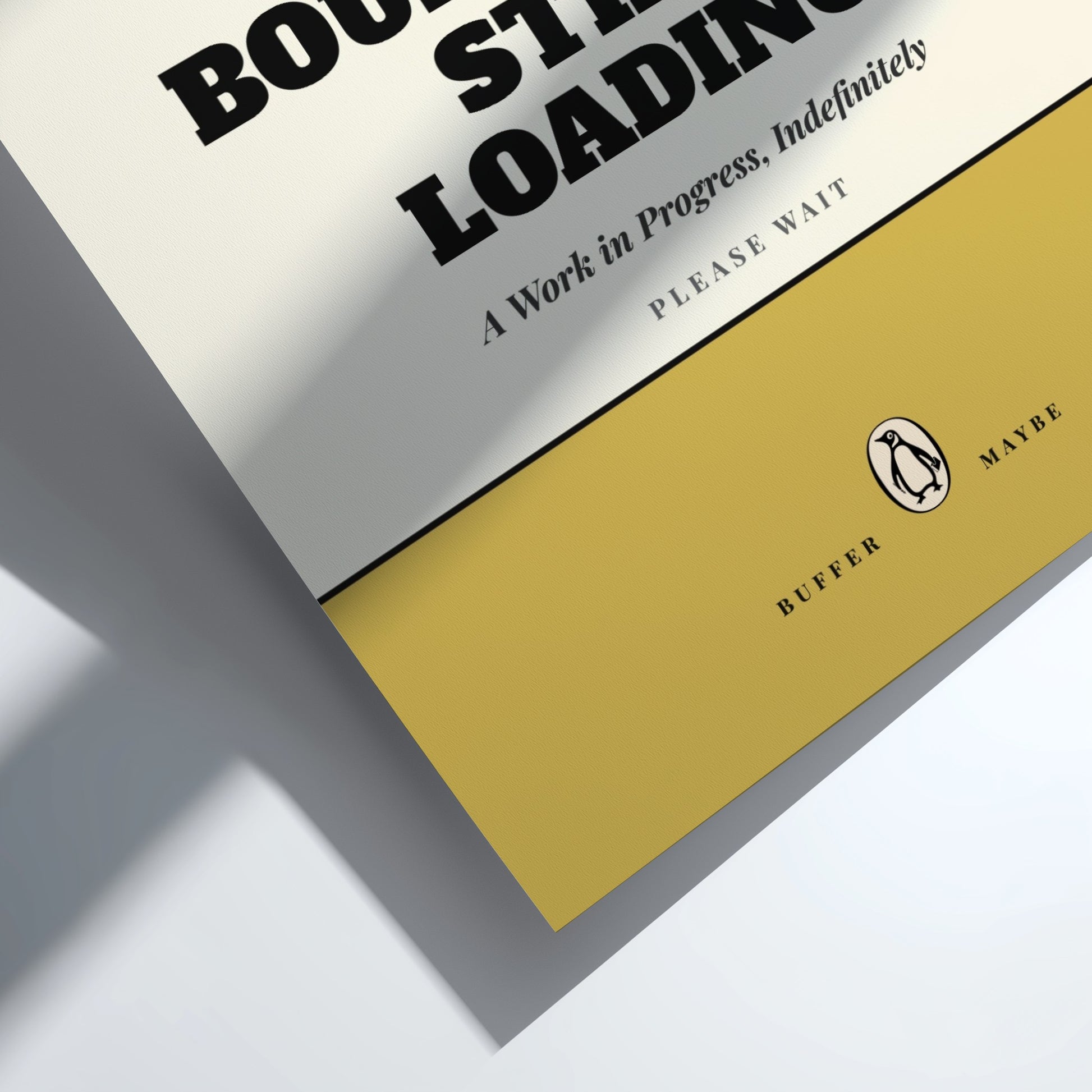 Funny quote poster featuring penguins book illustration with playful typography and warm colors