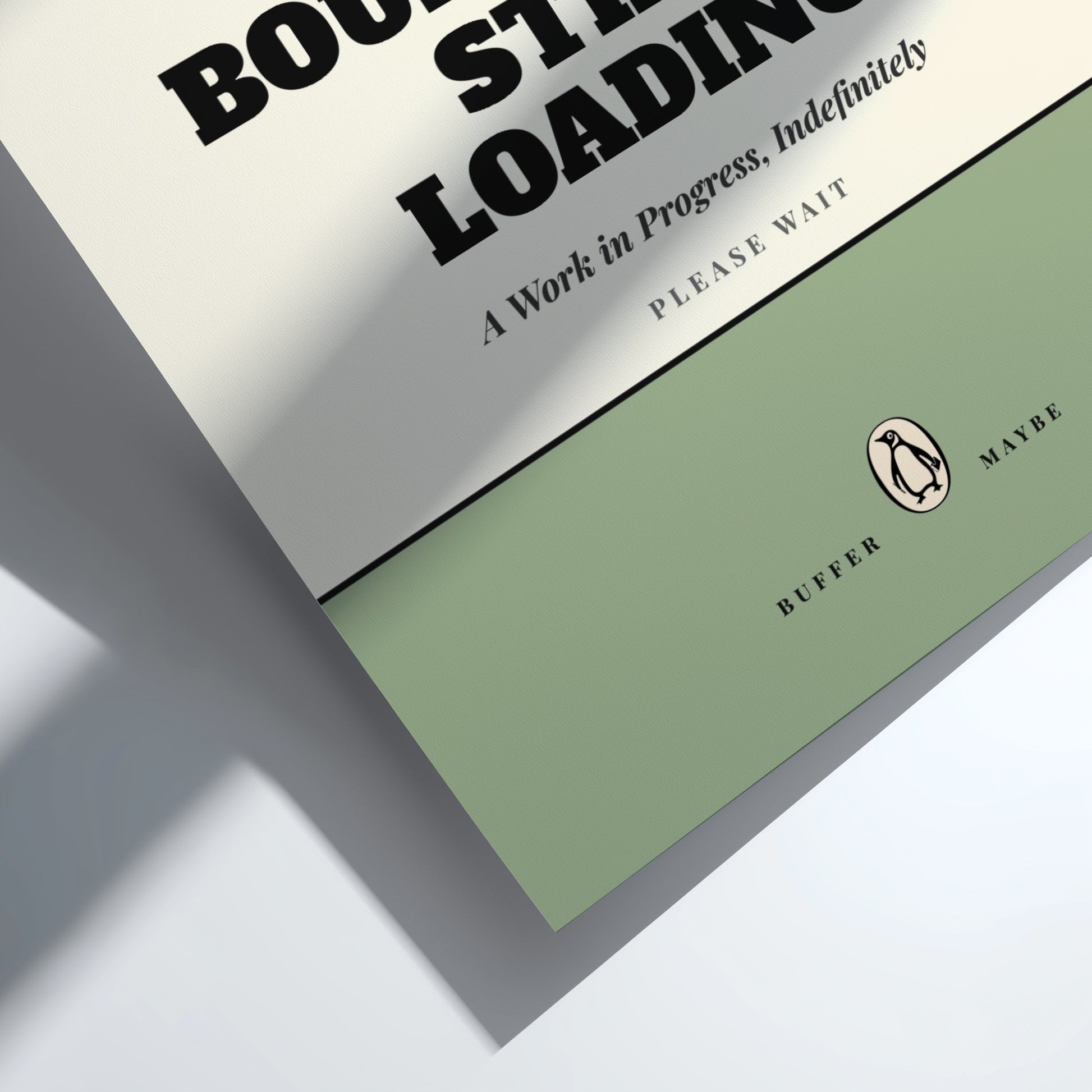 Funny quote poster featuring penguins book illustration with playful typography and warm colors