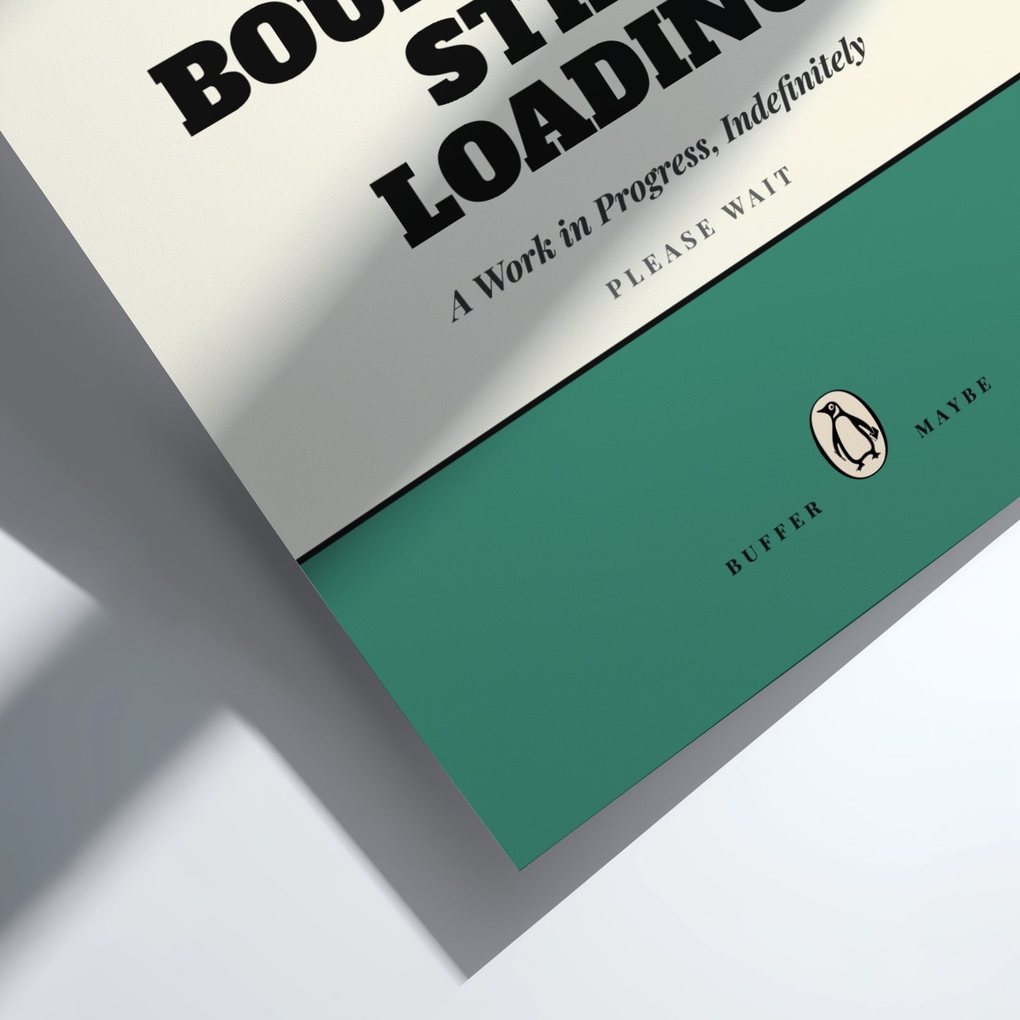 Funny quote poster featuring penguins book illustration with playful typography and warm colors