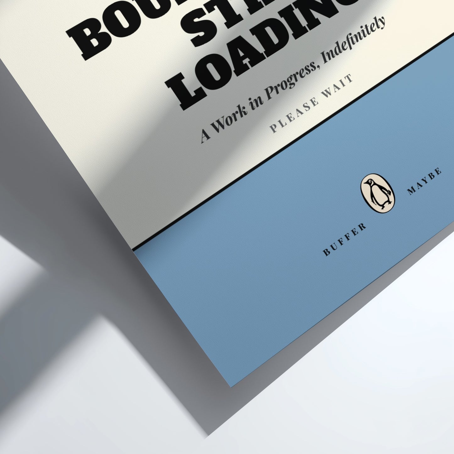 Funny quote poster featuring penguins book illustration with playful typography and warm colors