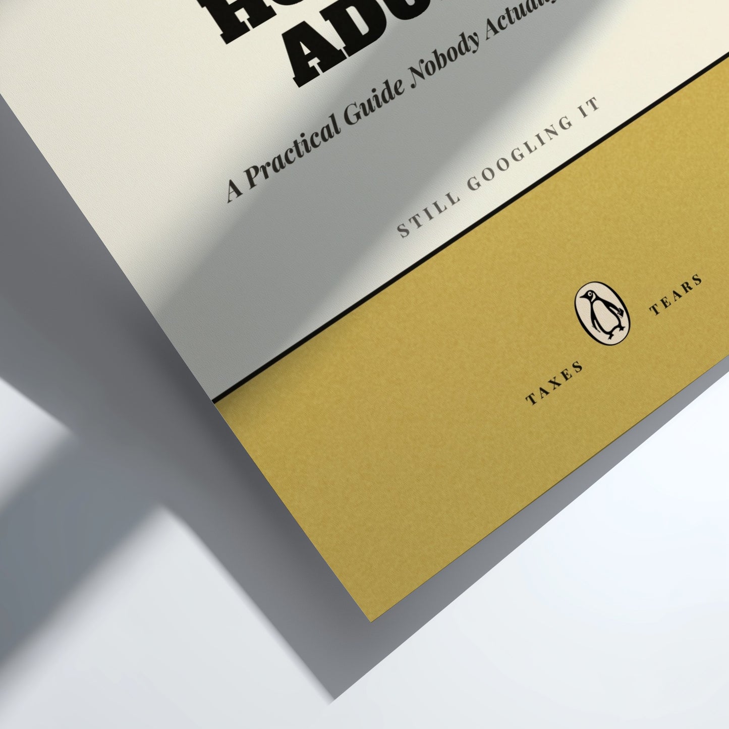 Funny quote poster featuring penguins book illustration with playful typography and warm colors