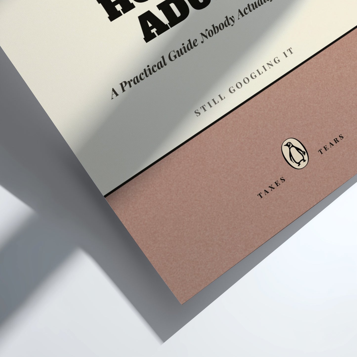 Funny quote poster featuring penguins book illustration with playful typography and warm colors